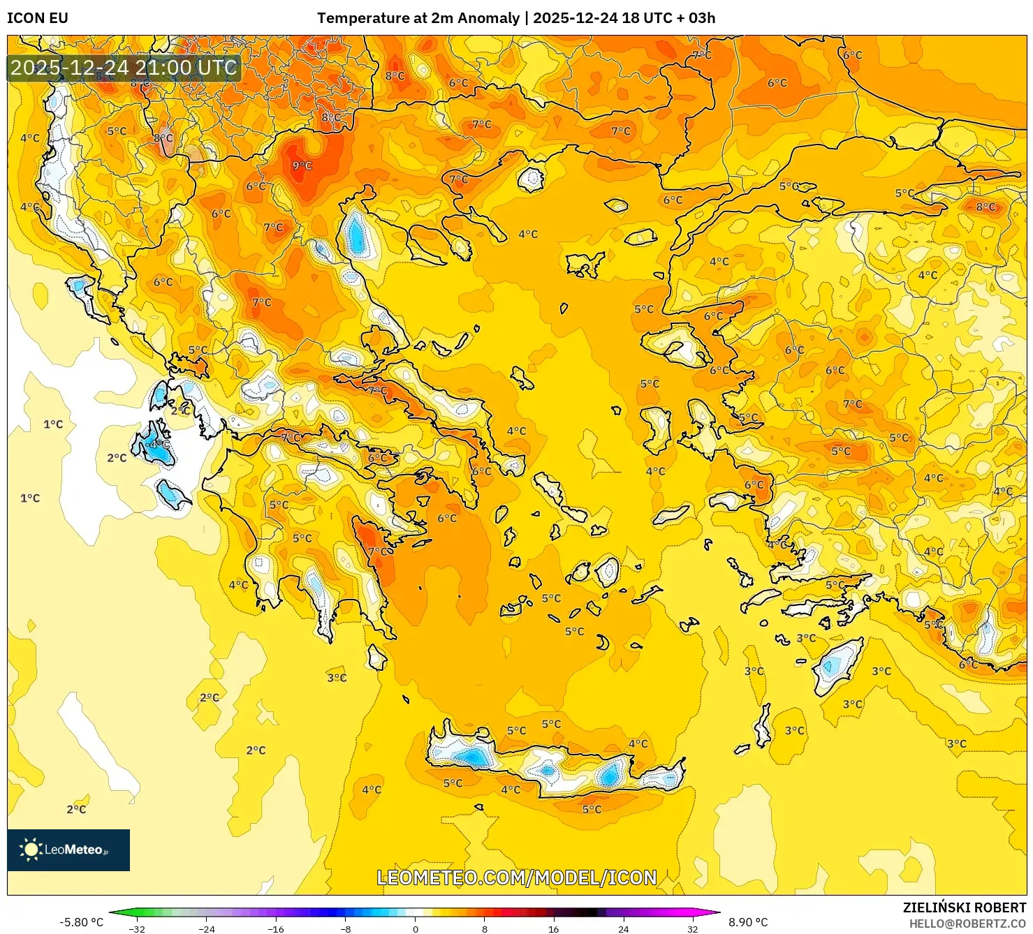 ICON model - Greece, Temperature at 2m Anomaly