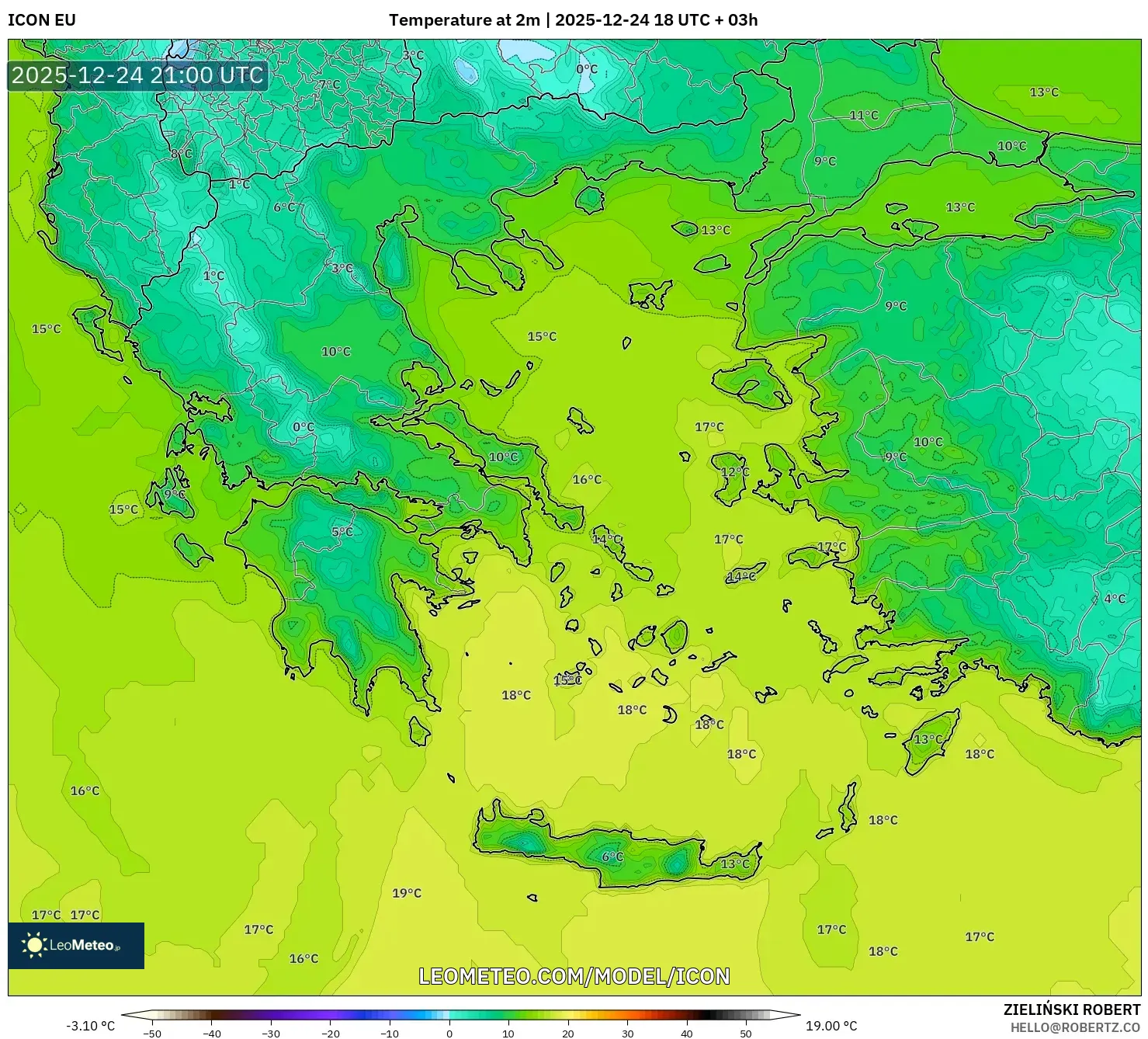 ICON model - Greece, Temperature at 2m
