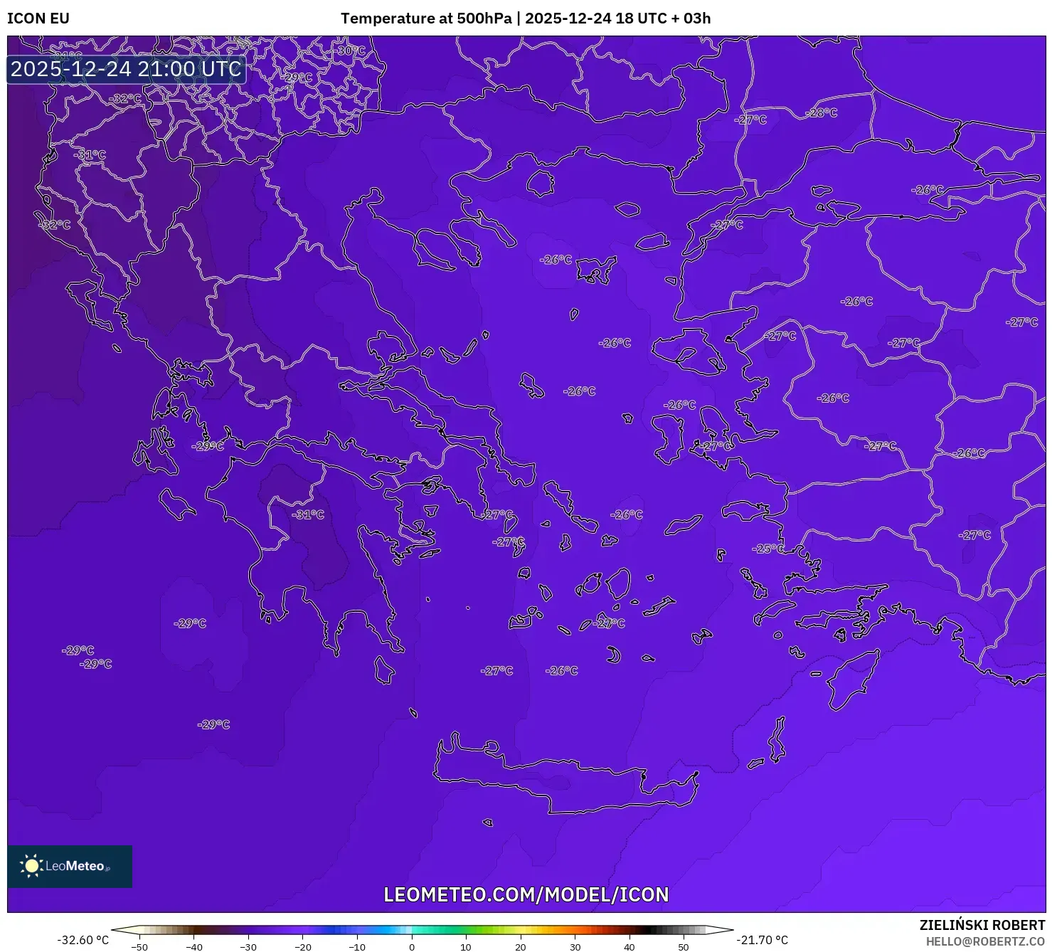 ICON model - Greece, Temperature at 500hPa