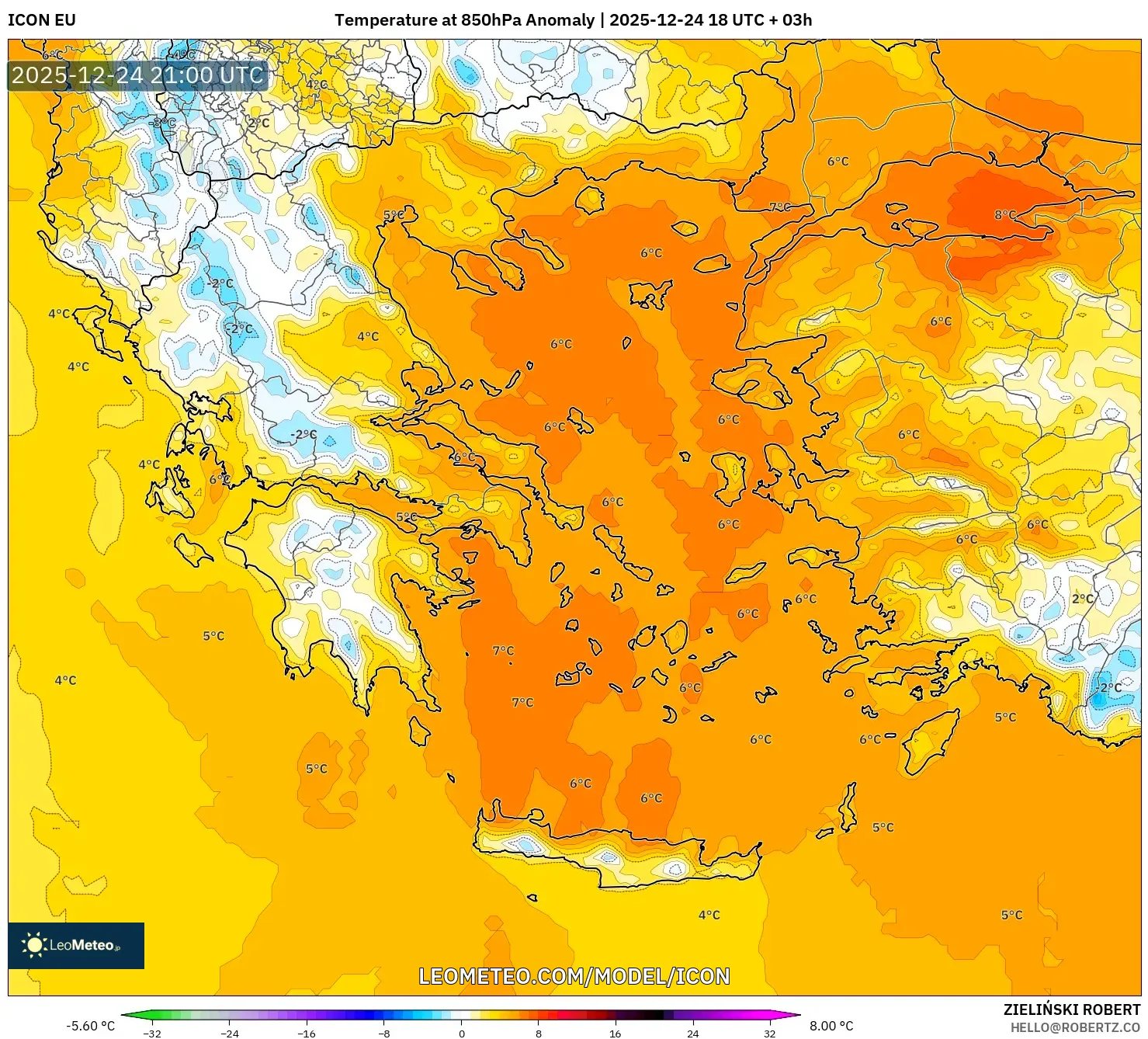 ICON model - Greece, Temperature at 850hPa Anomaly
