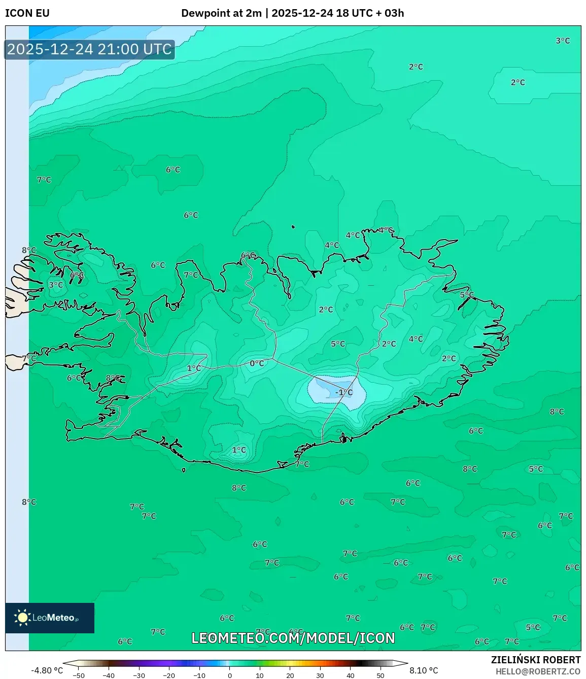 ICON model - Iceland, Dewpoint at 2m