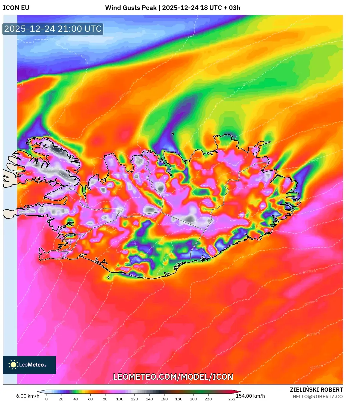 ICON model - Iceland, Wind Gusts Peak