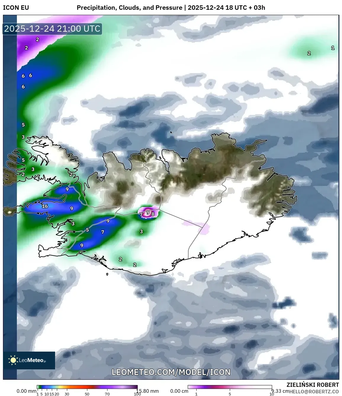 ICON model - Iceland, Precipitation, Clouds, and Pressure