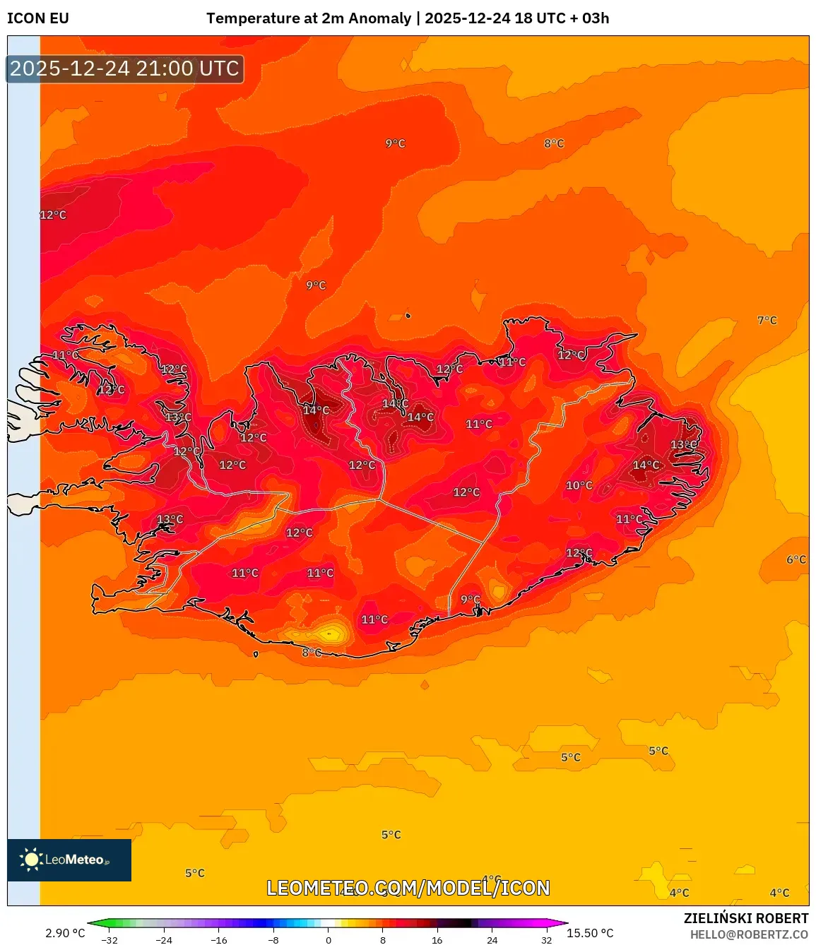 ICON model - Iceland, Temperature at 2m Anomaly