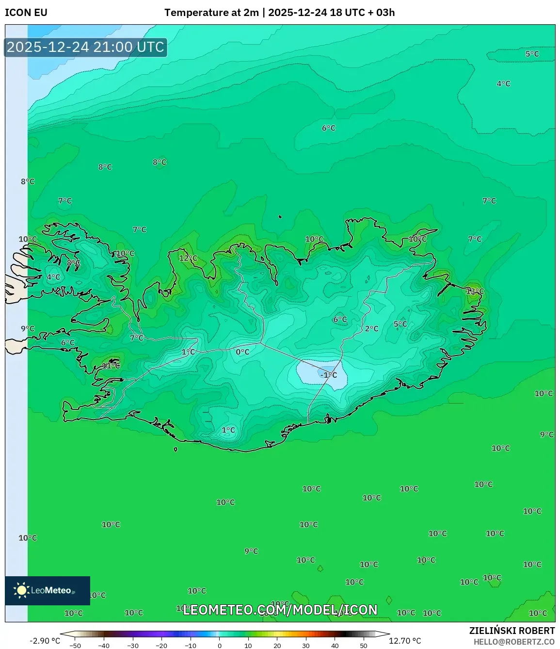 ICON model - Iceland, Temperature at 2m