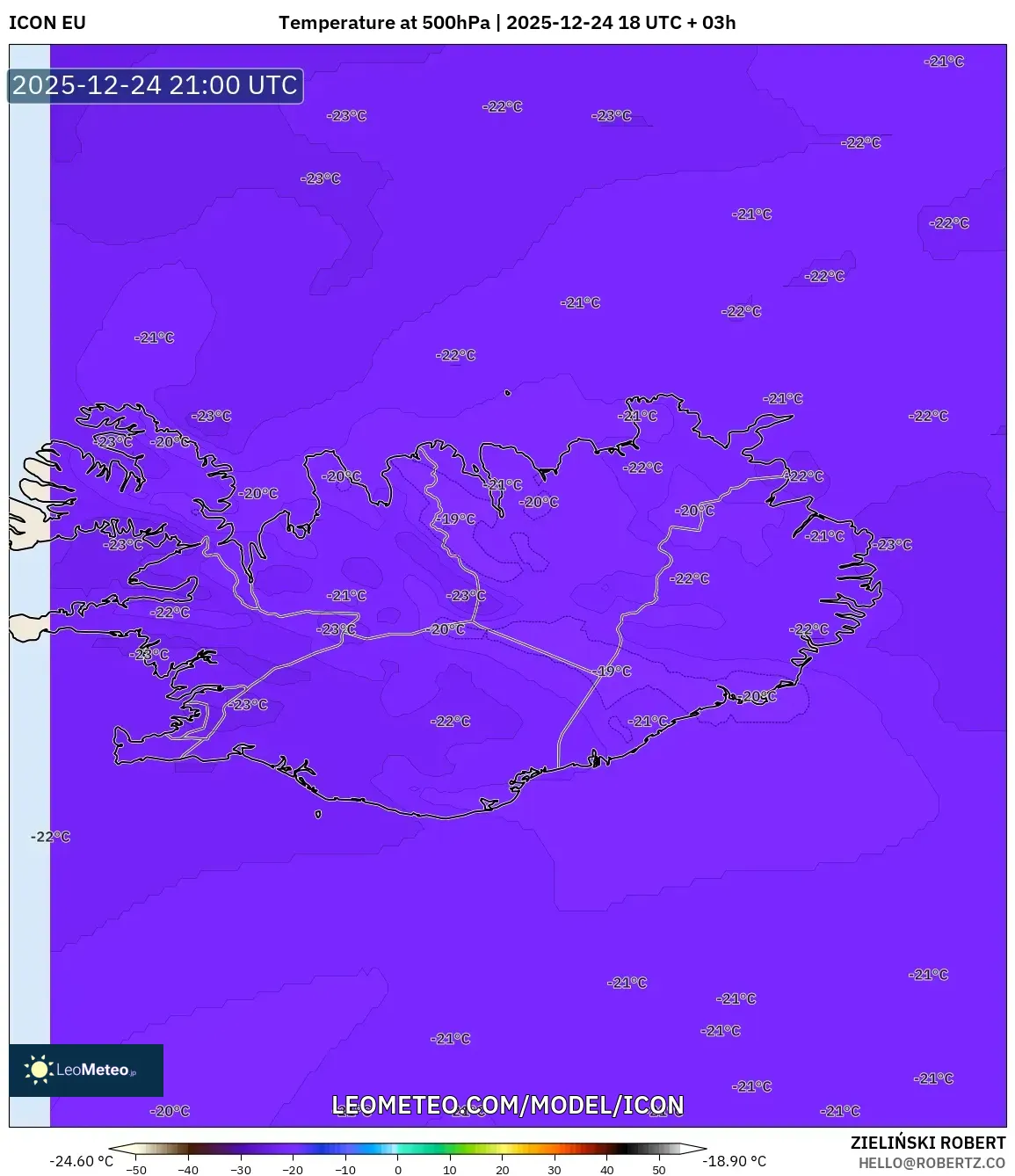 ICON model - Iceland, Temperature at 500hPa