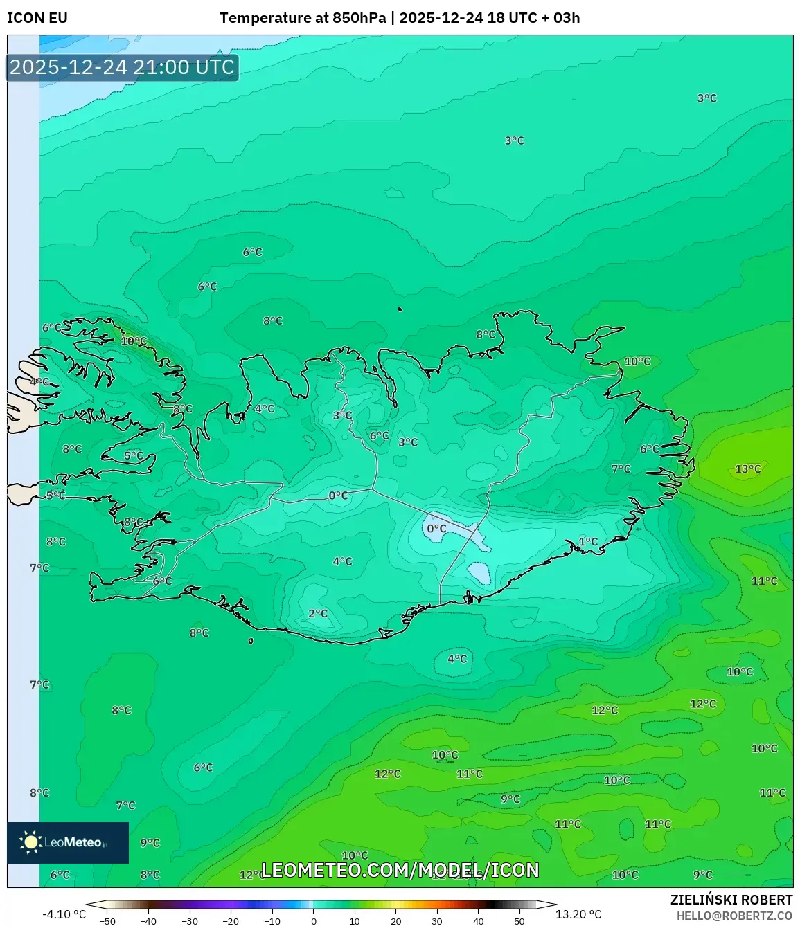 ICON model - Iceland, Temperature at 850hPa