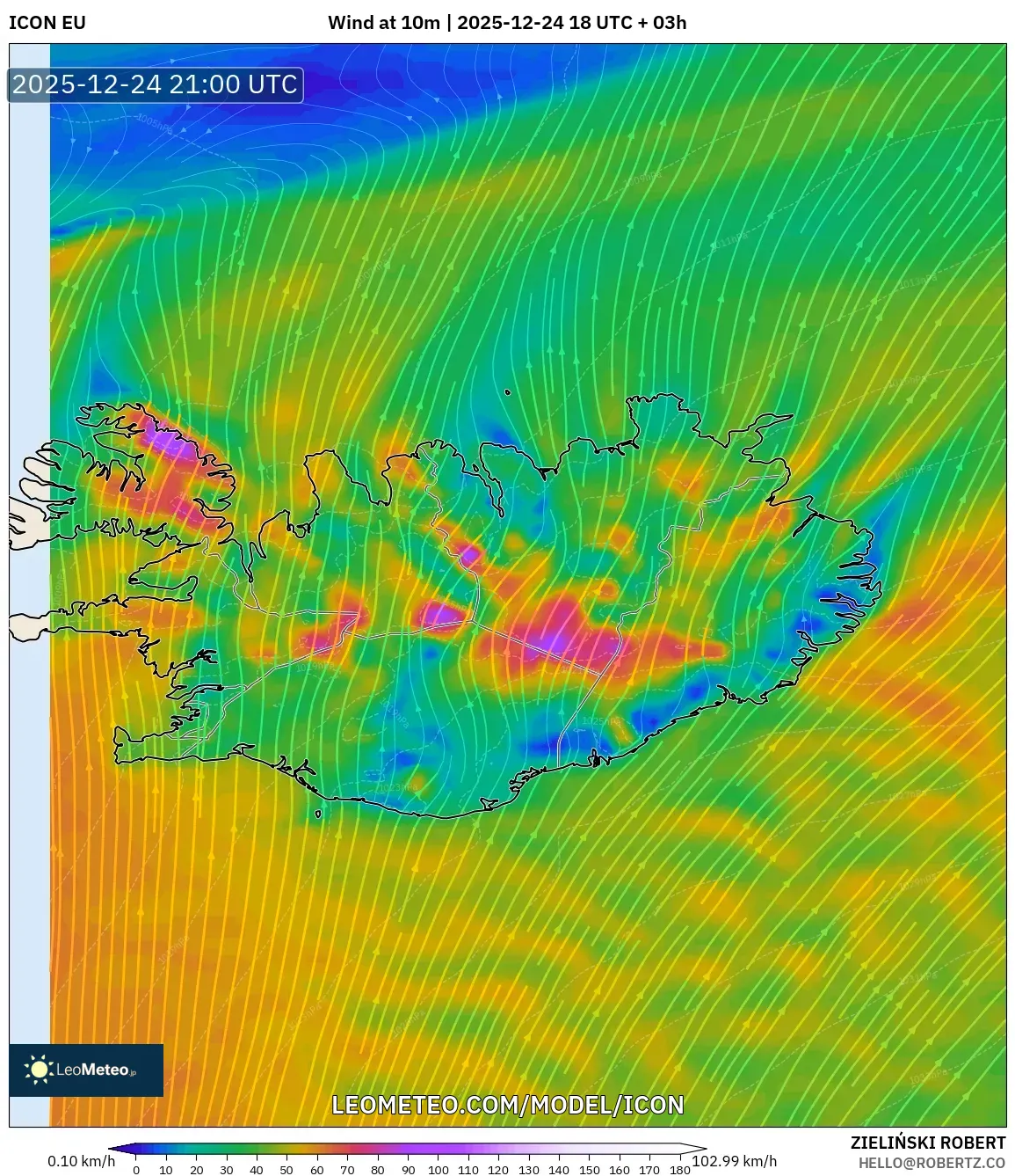 ICON model - Iceland, Wind at 10m