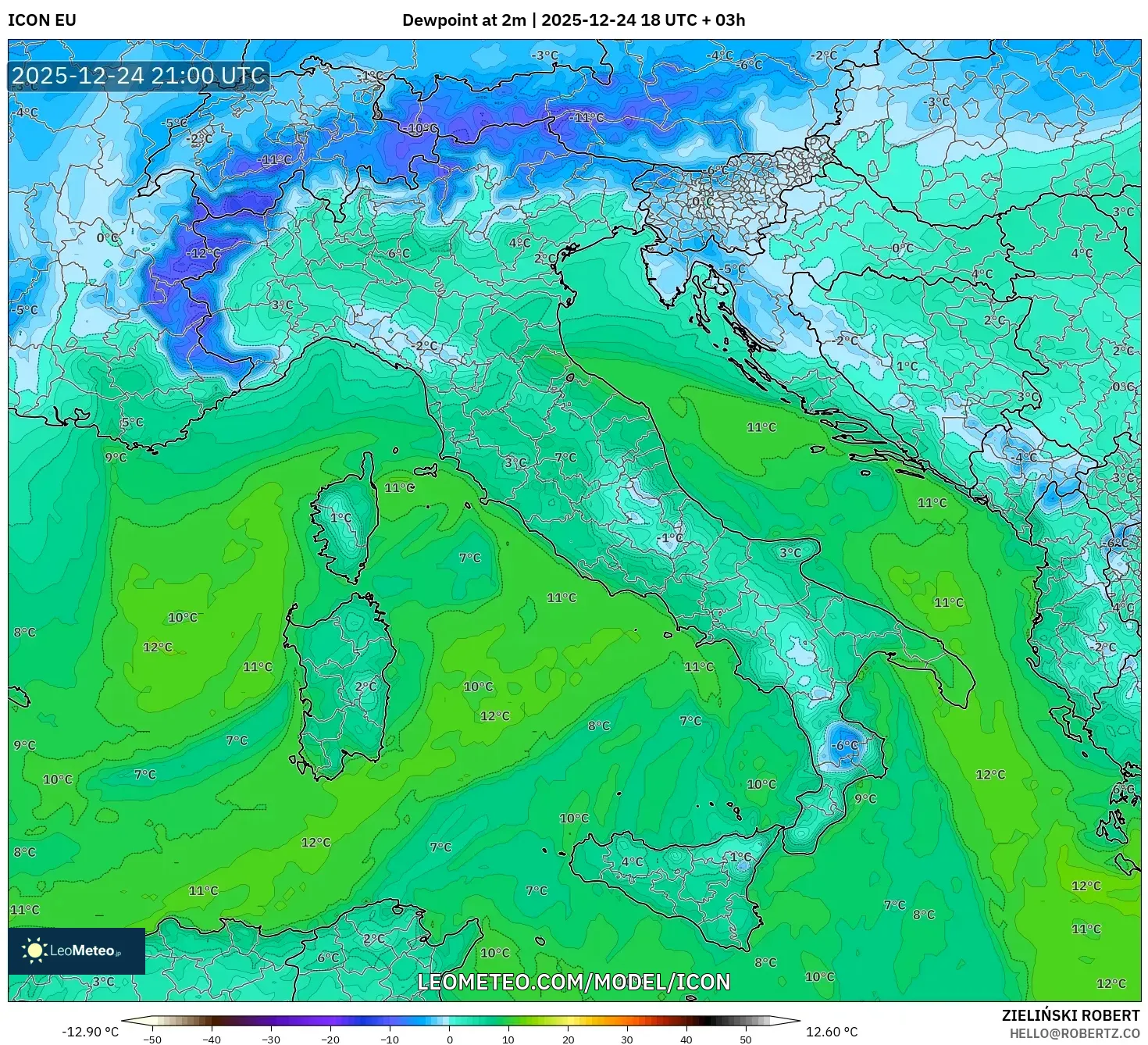 ICON model - Italy, Dewpoint at 2m