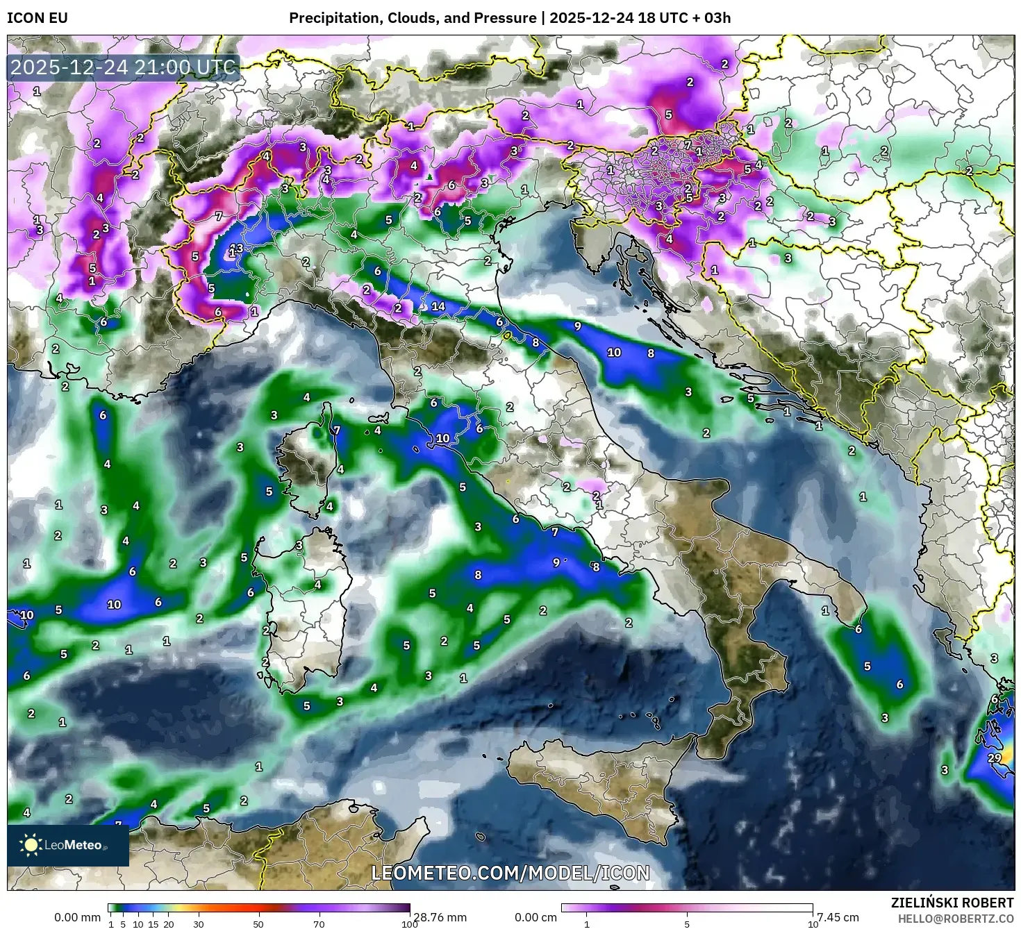 ICON model - Italy, Precipitation, Clouds, and Pressure