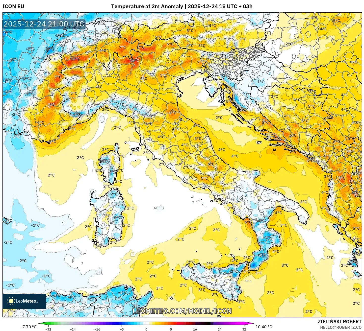 ICON model - Italy, Temperature at 2m Anomaly