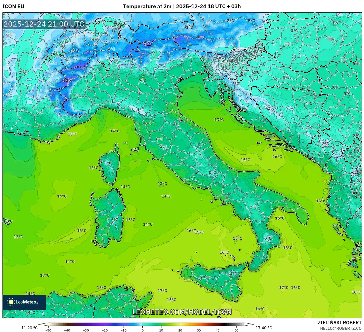 ICON model - Italy, Temperature at 2m