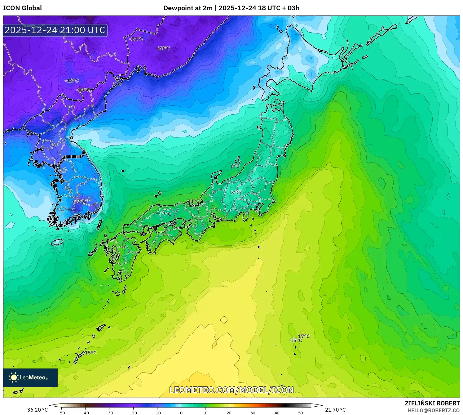 ICON model - Japan, Dewpoint at 2m