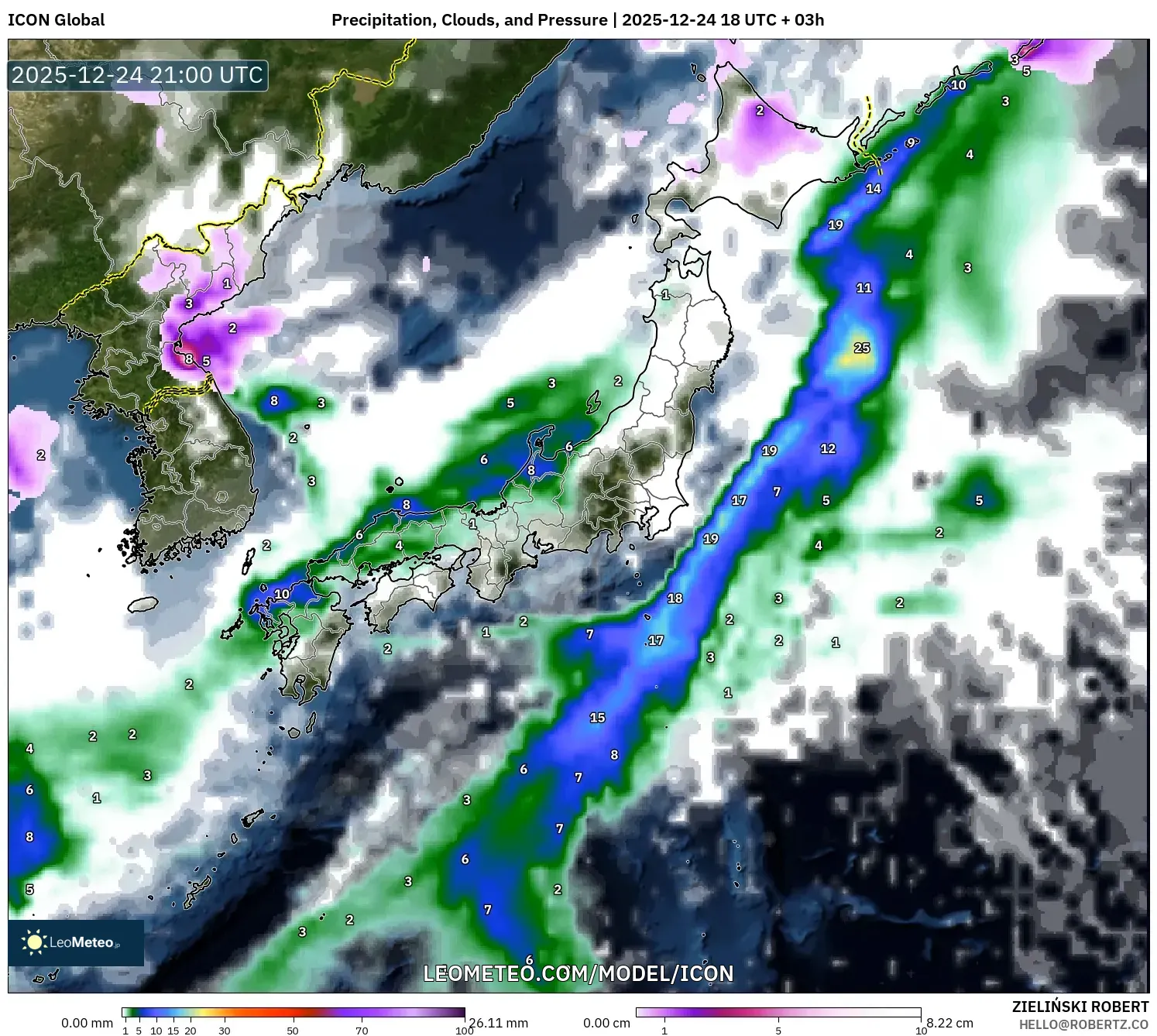 ICON model - Japan, Precipitation, Clouds, and Pressure