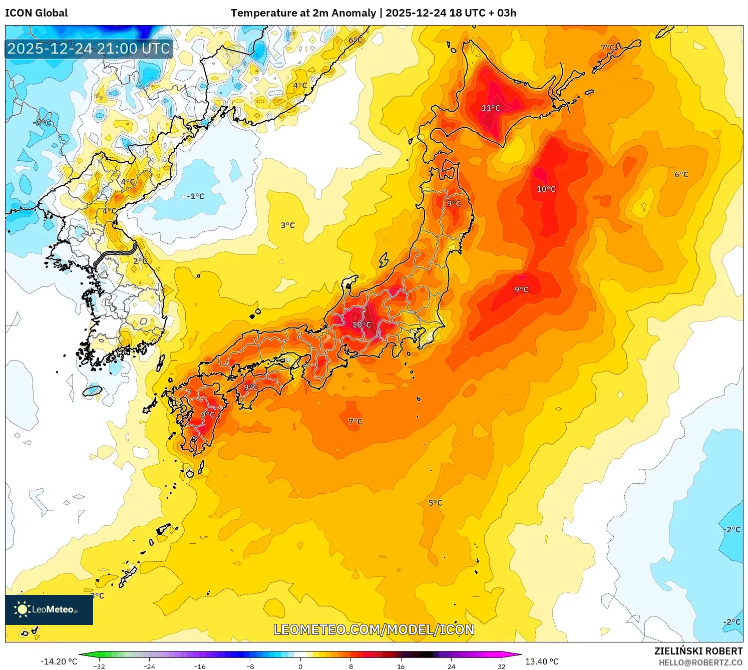 ICON model - Japan, Temperature at 2m Anomaly
