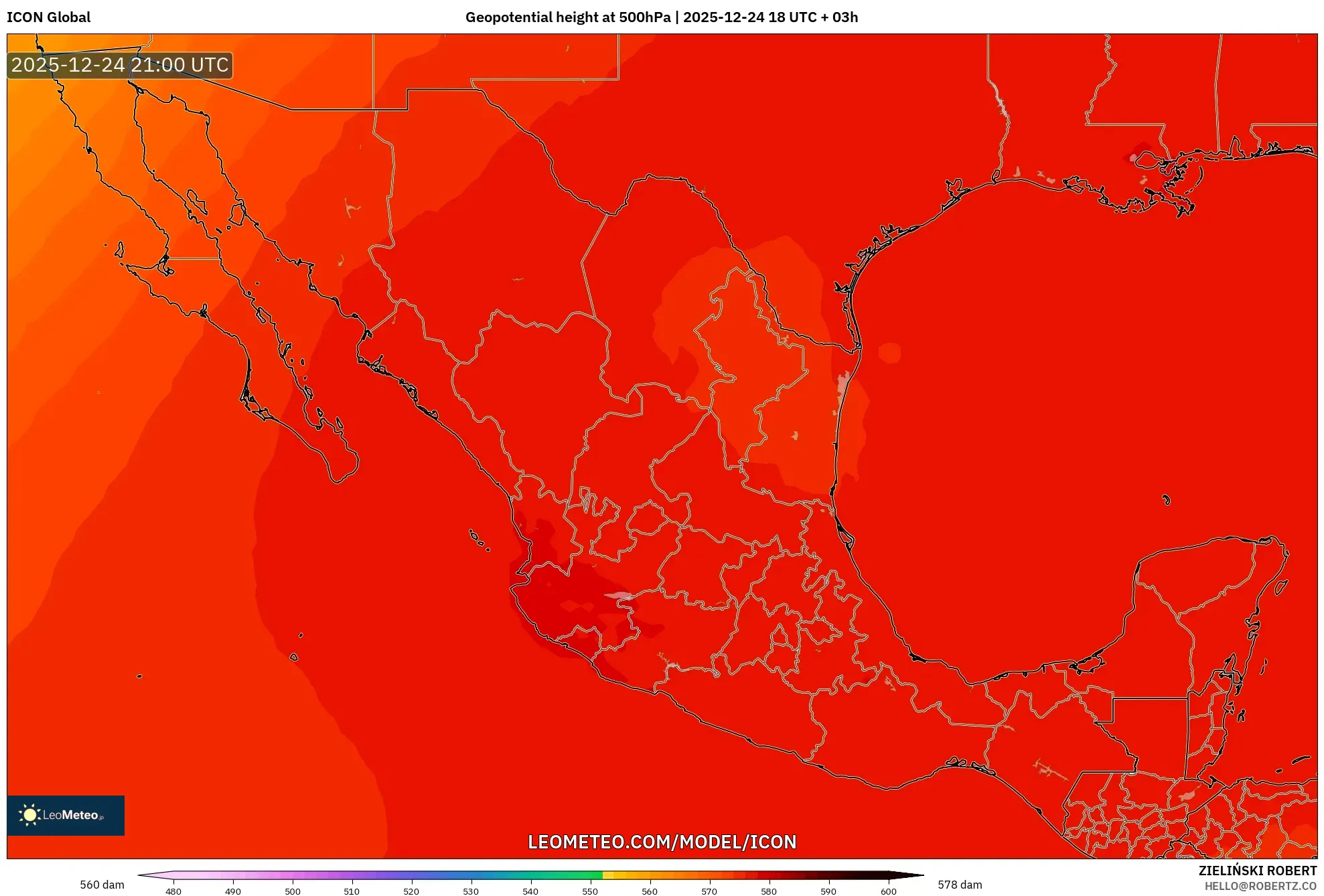 ICON model - Mexico, Geopotential height at 500hPa