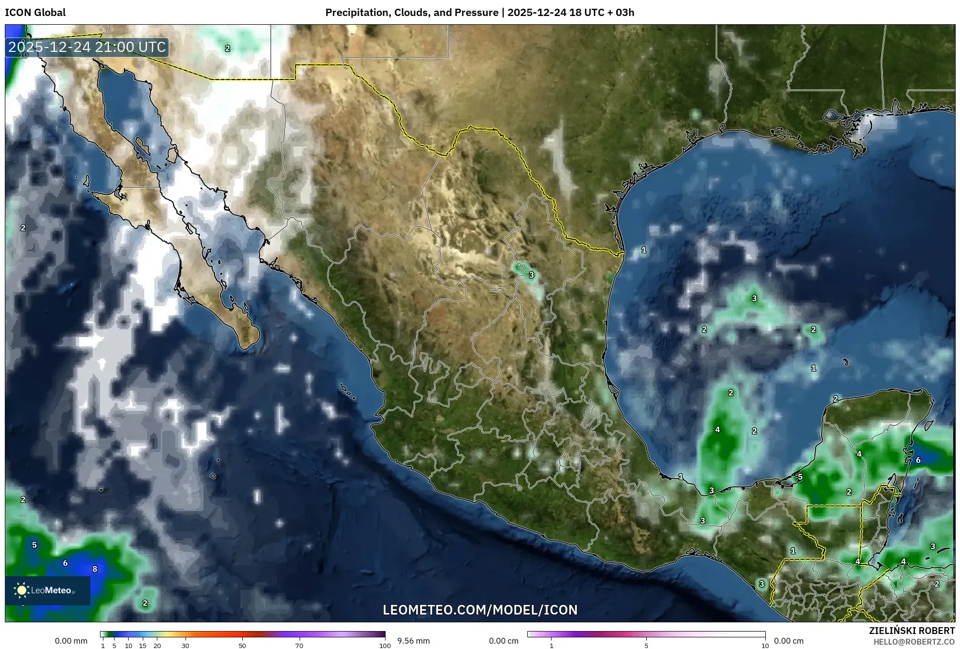 ICON model - Mexico, Precipitation, Clouds, and Pressure