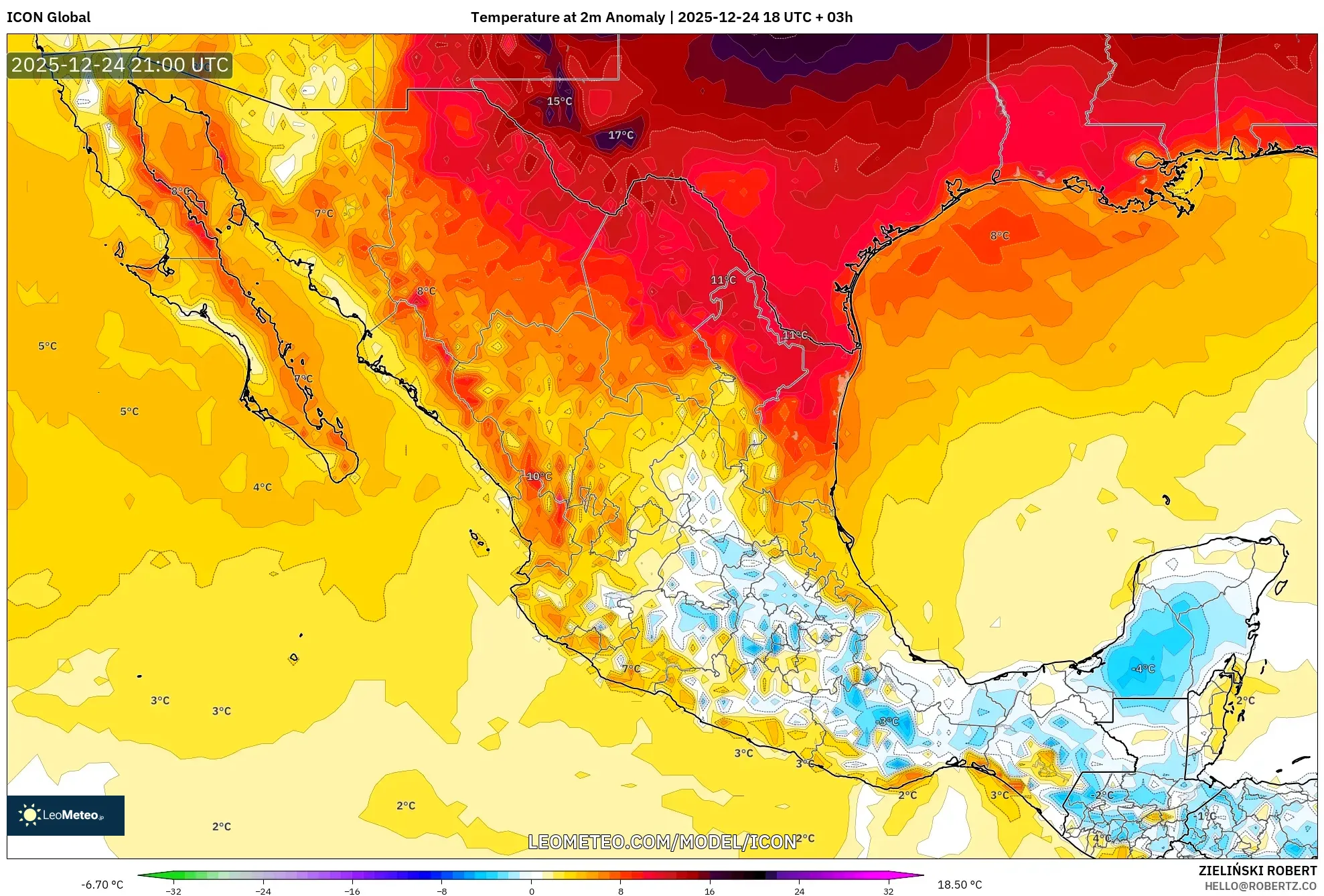 ICON model - Mexico, Temperature at 2m Anomaly