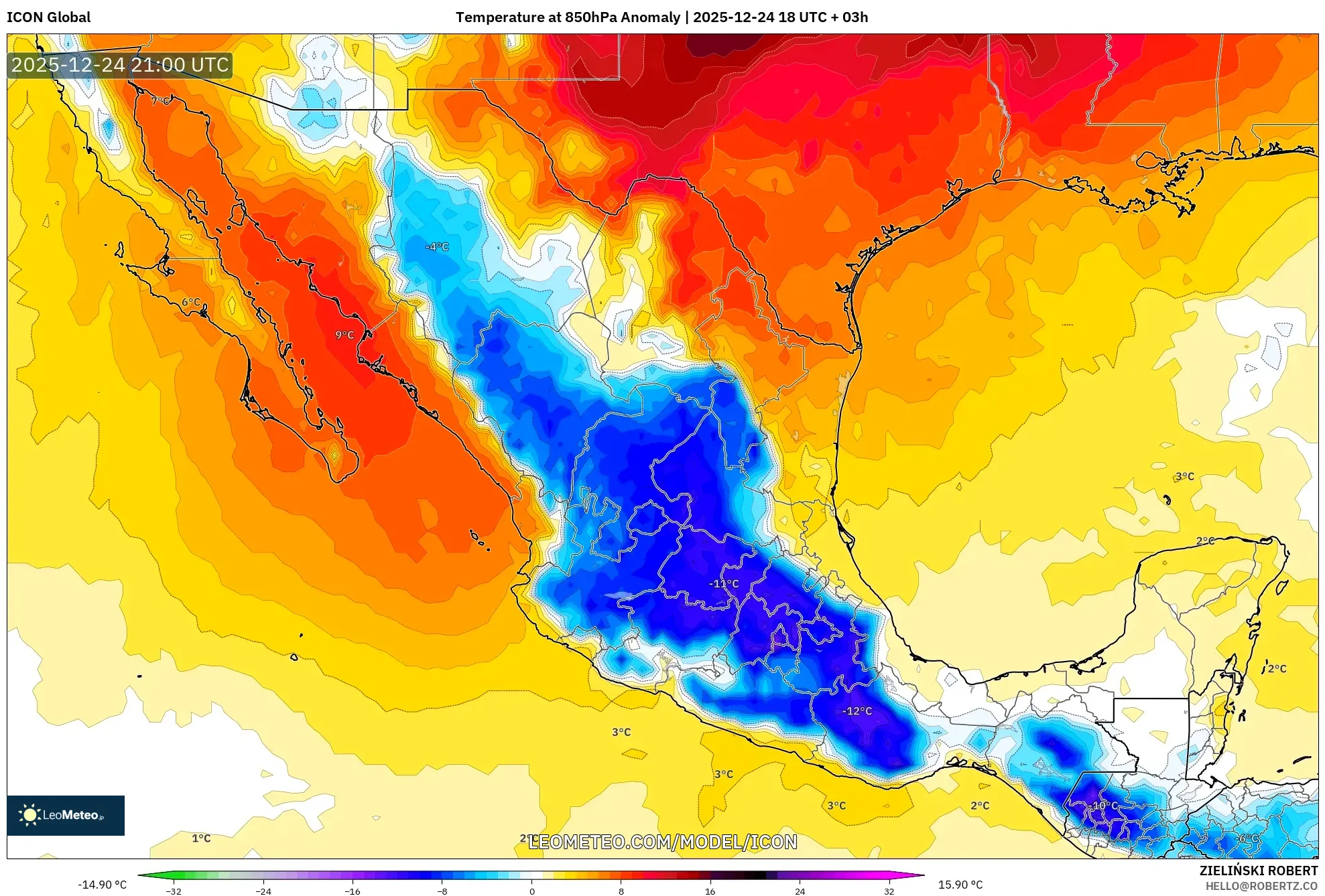 ICON model - Mexico, Temperature at 850hPa Anomaly