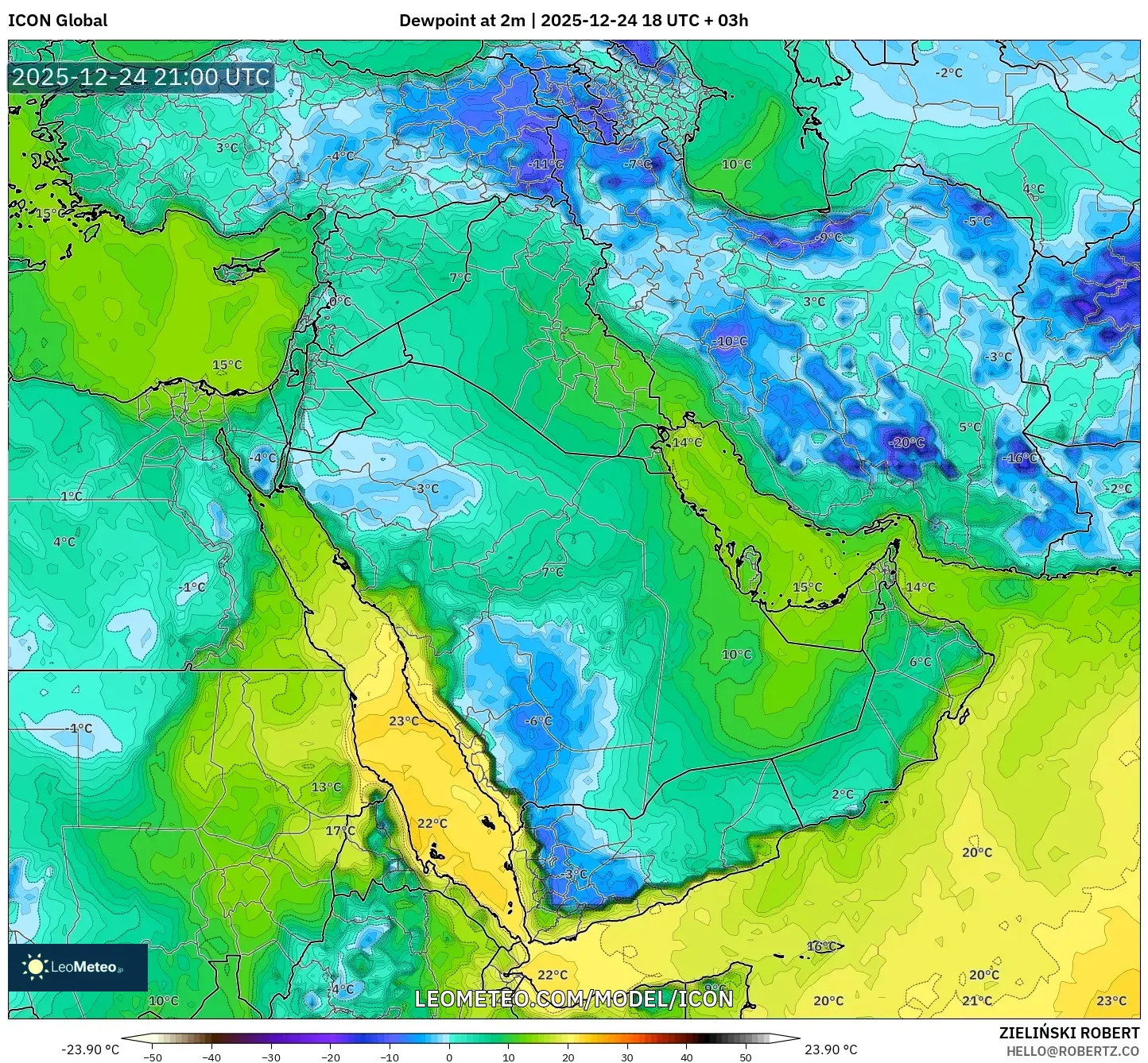 ICON model - Middle East, Dewpoint at 2m