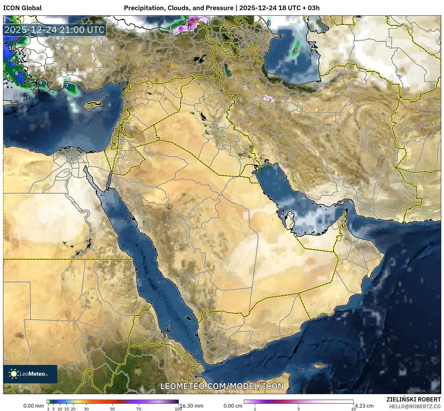 ICON model - Middle East, Precipitation, Clouds, and Pressure
