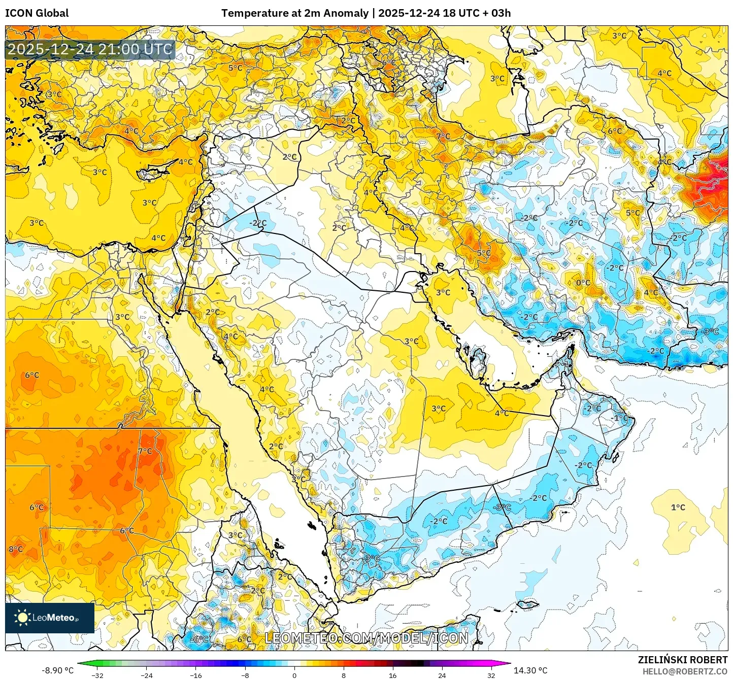 ICON model - Middle East, Temperature at 2m Anomaly