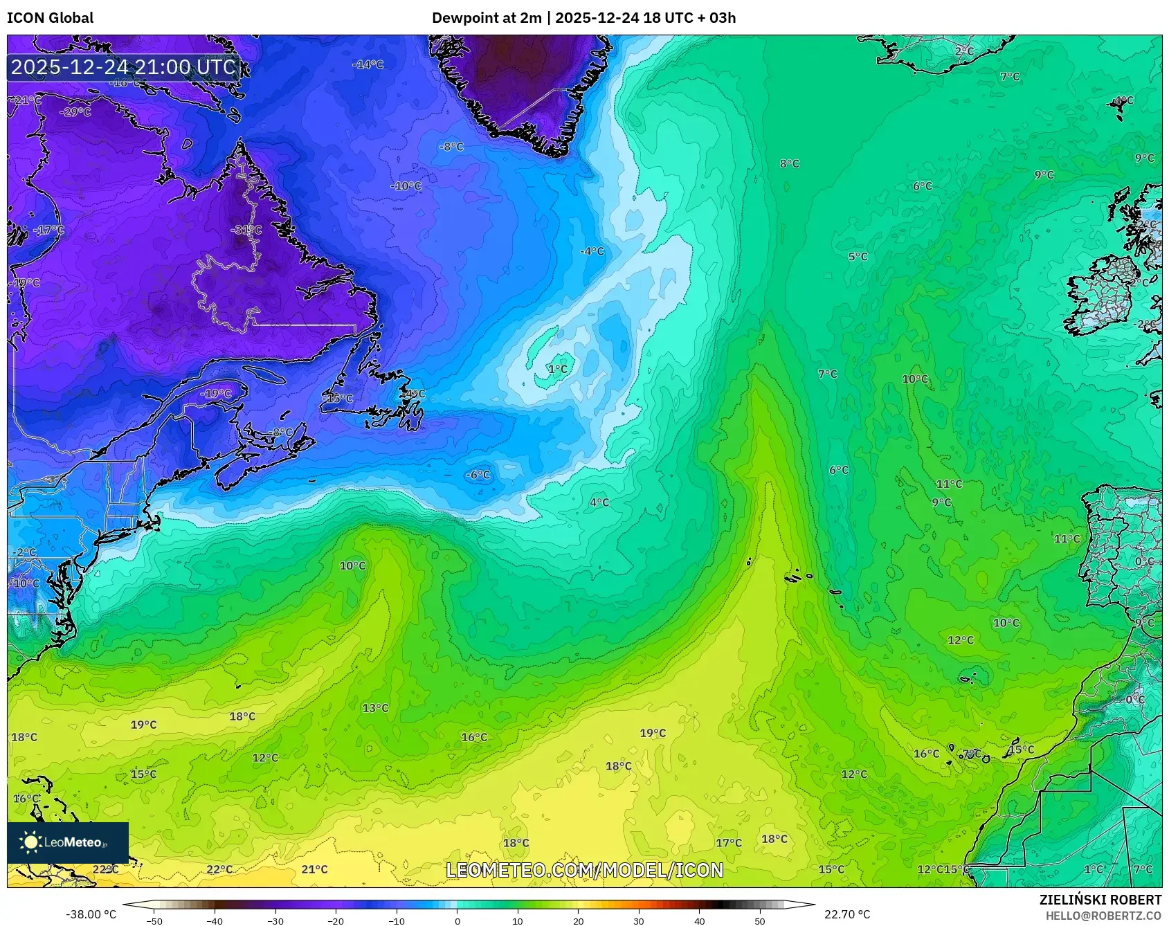 ICON model - North Atlantic, Dewpoint at 2m