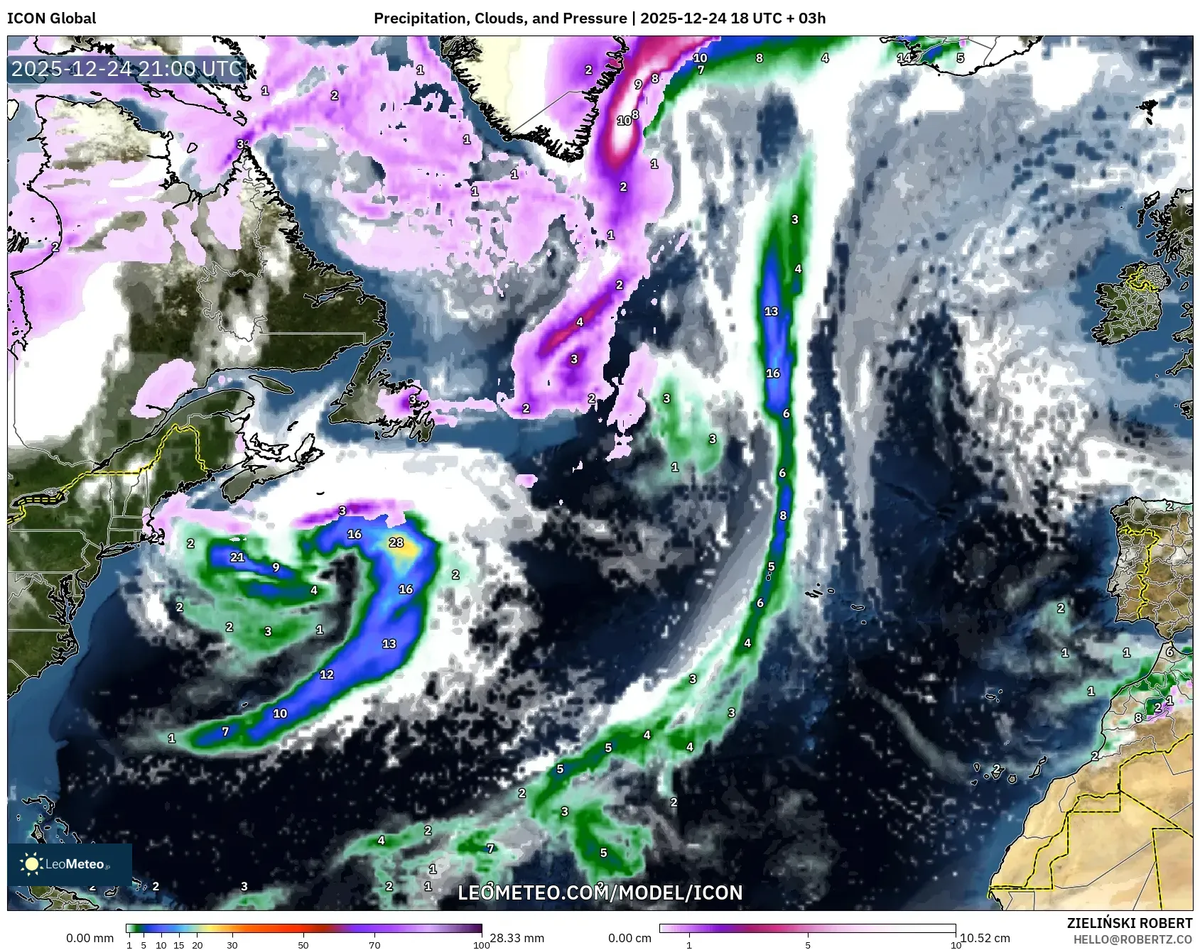 ICON model - North Atlantic, Precipitation, Clouds, and Pressure