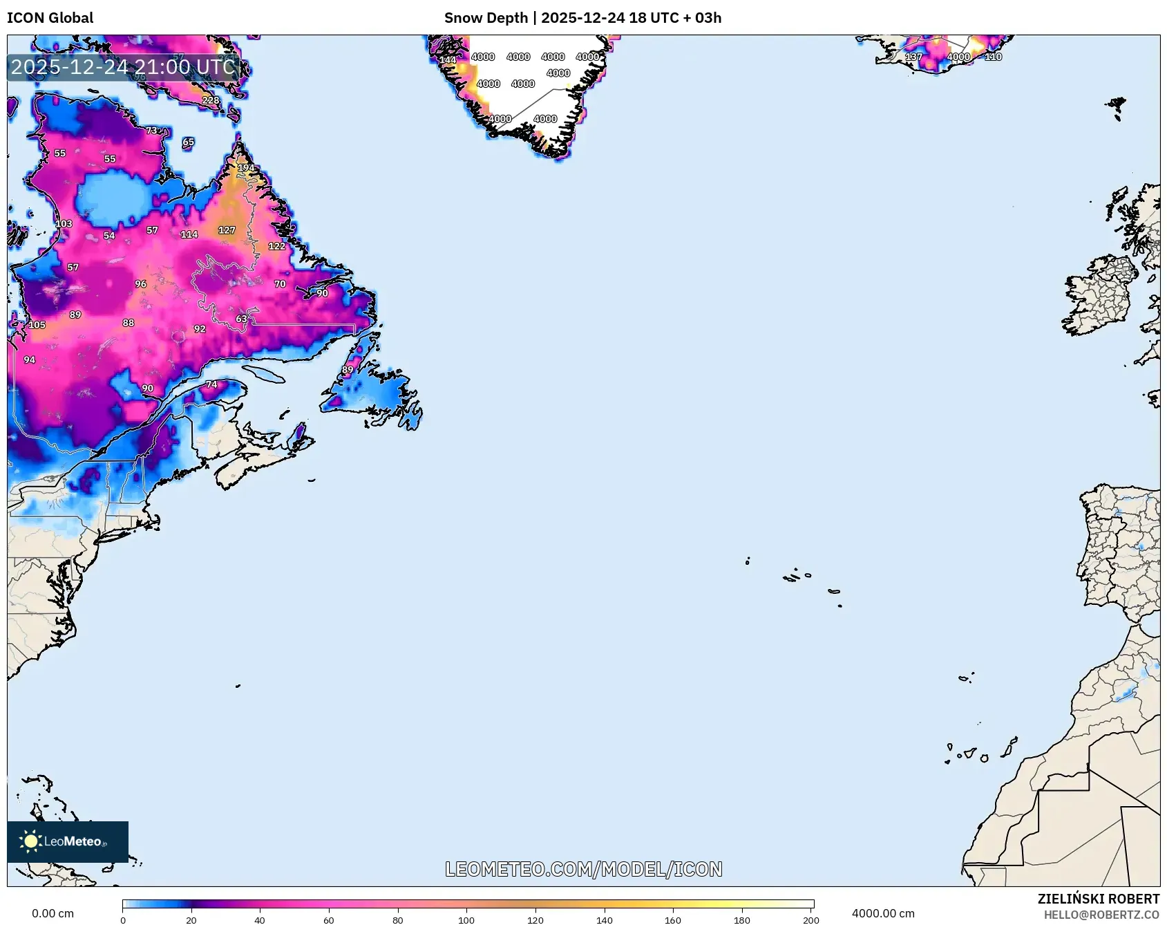 ICON model - North Atlantic, Snow Depth