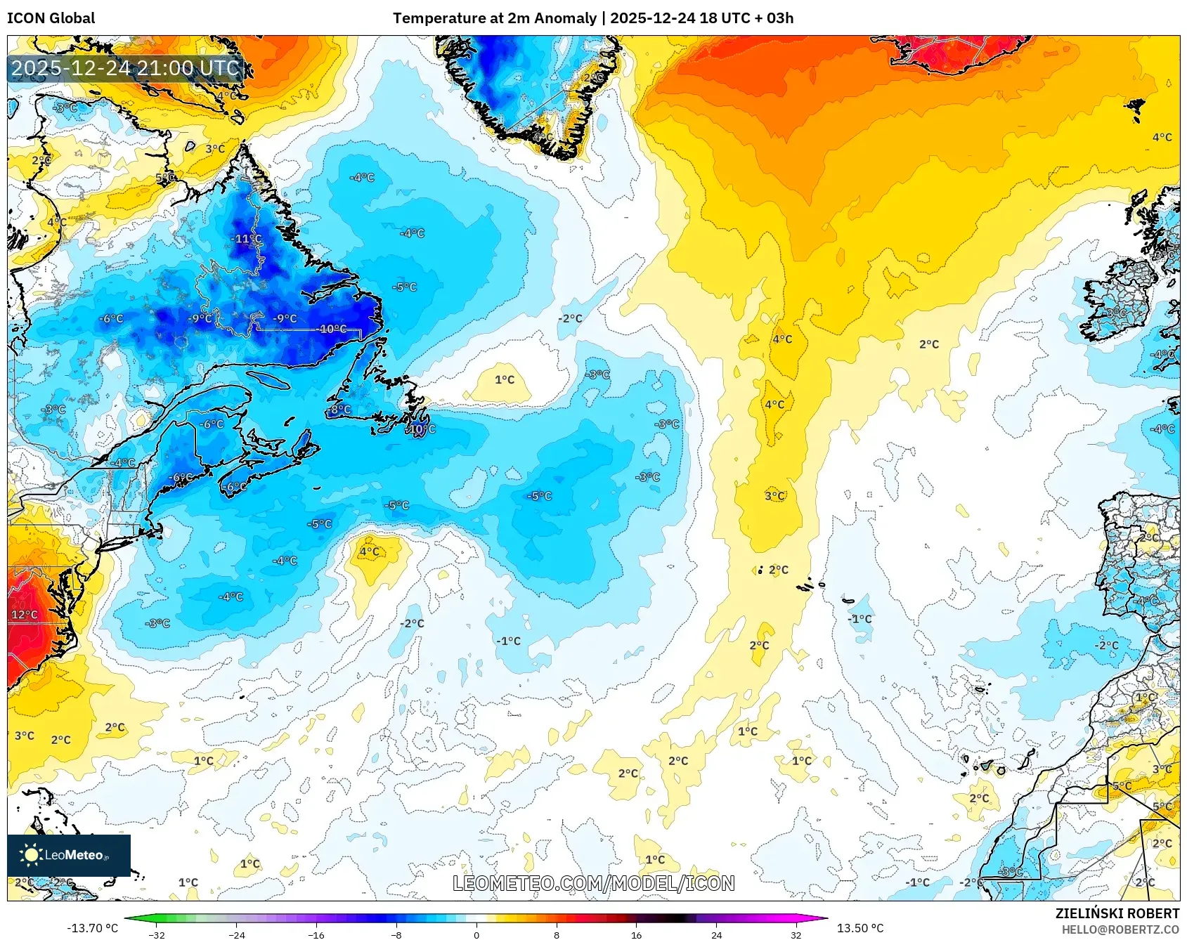 ICON model - North Atlantic, Temperature at 2m Anomaly