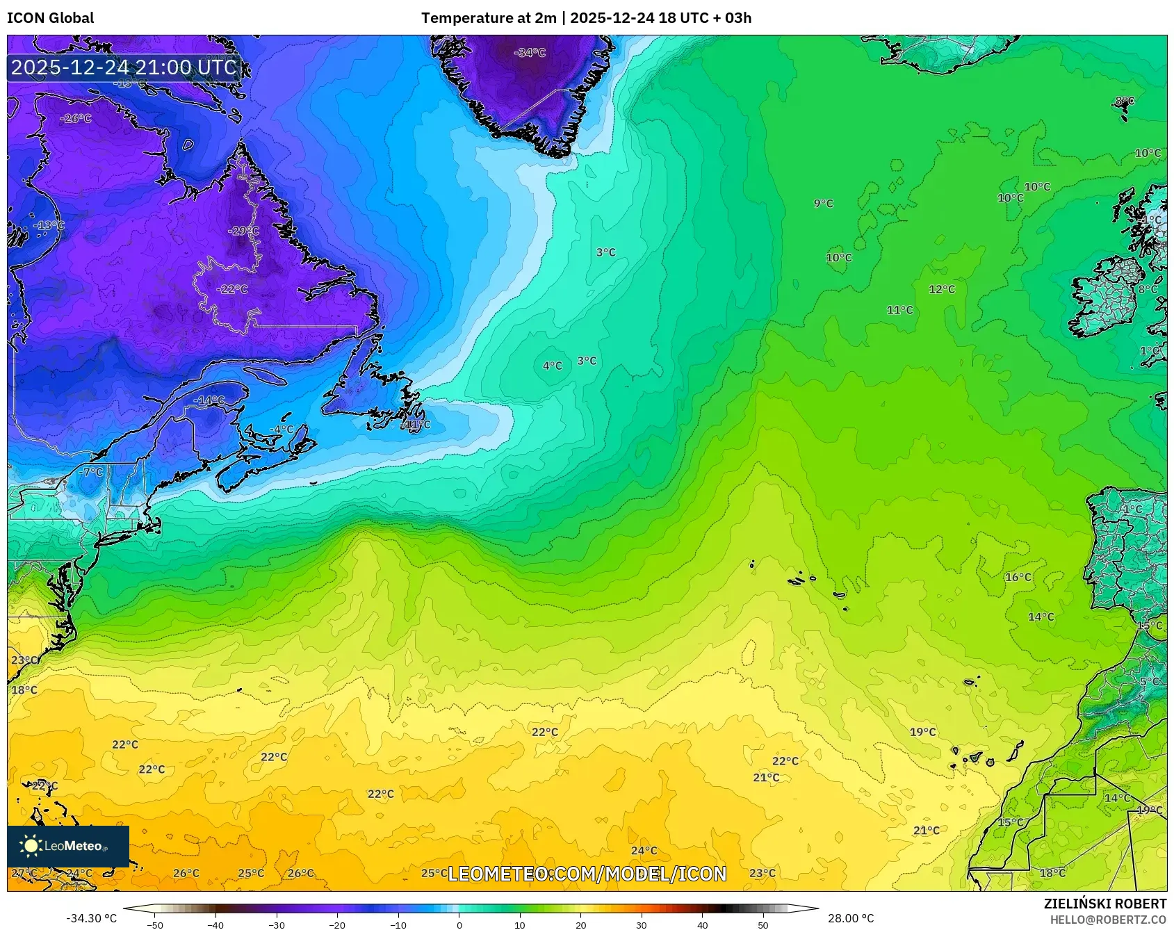 ICON model - North Atlantic, Temperature at 2m