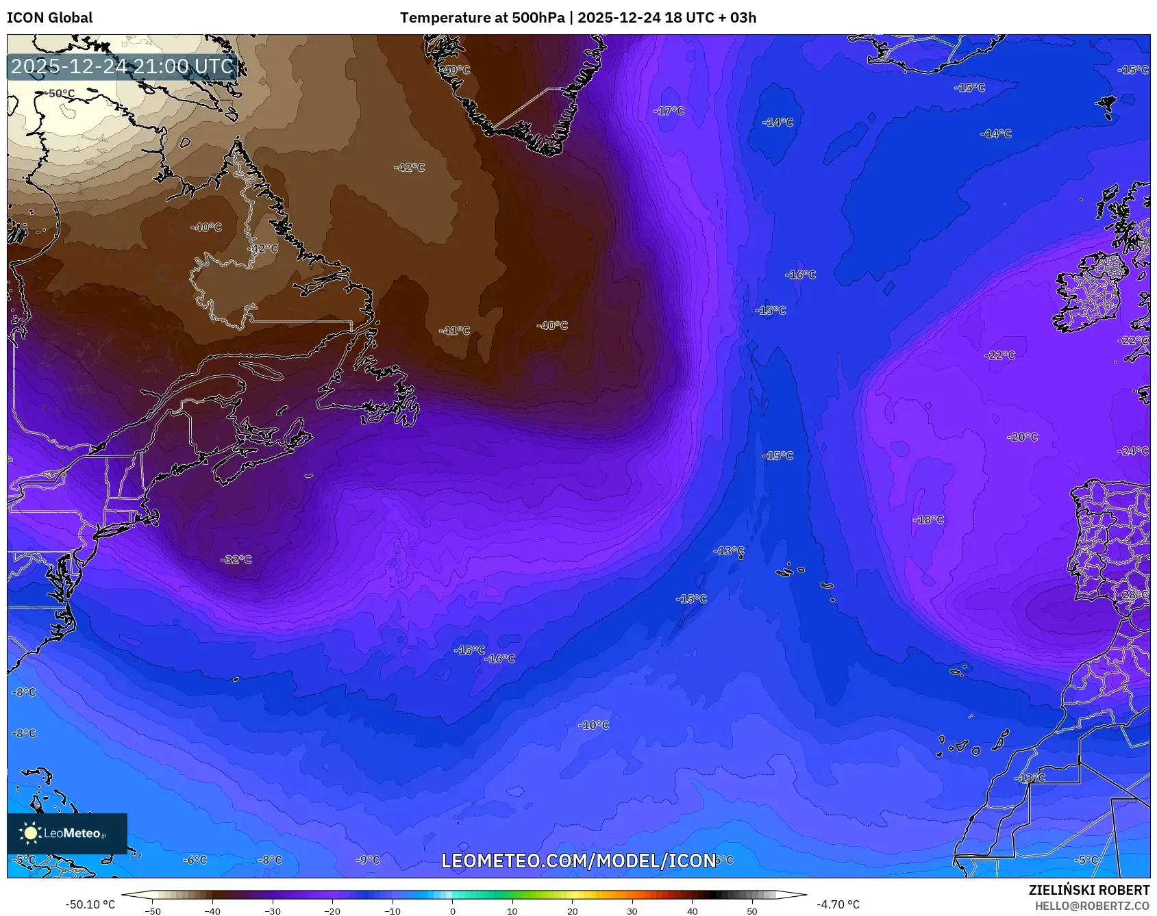 ICON model - North Atlantic, Temperature at 500hPa