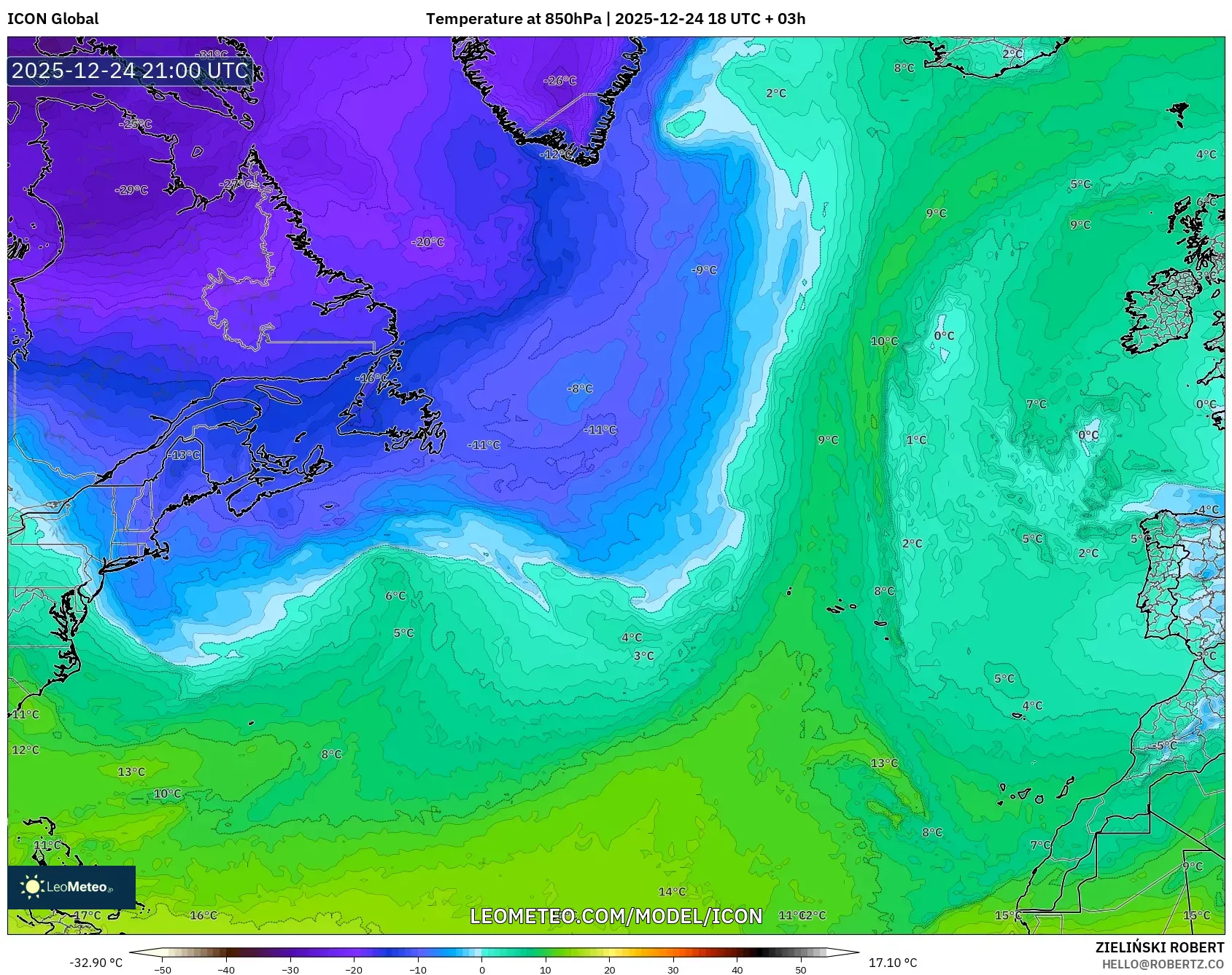 ICON model - North Atlantic, Temperature at 850hPa
