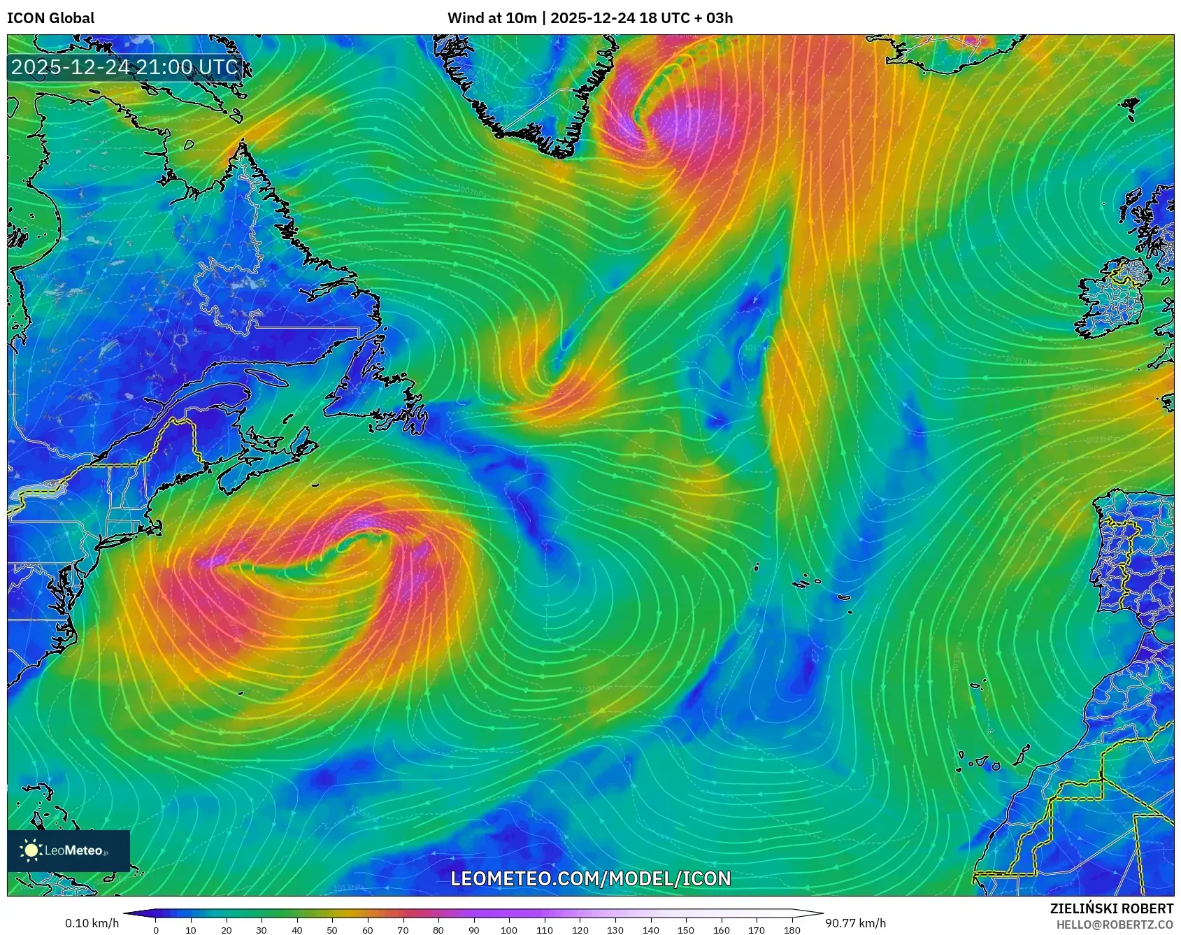 ICON model - North Atlantic, Wind at 10m