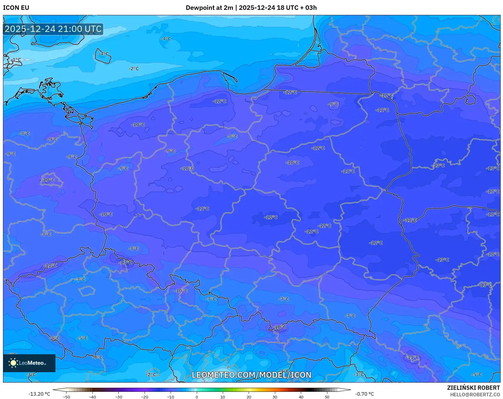 ICON model - Poland, Dewpoint at 2m