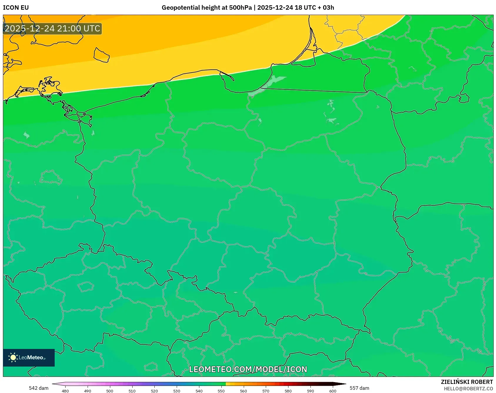 ICON model - Poland, Geopotential height at 500hPa