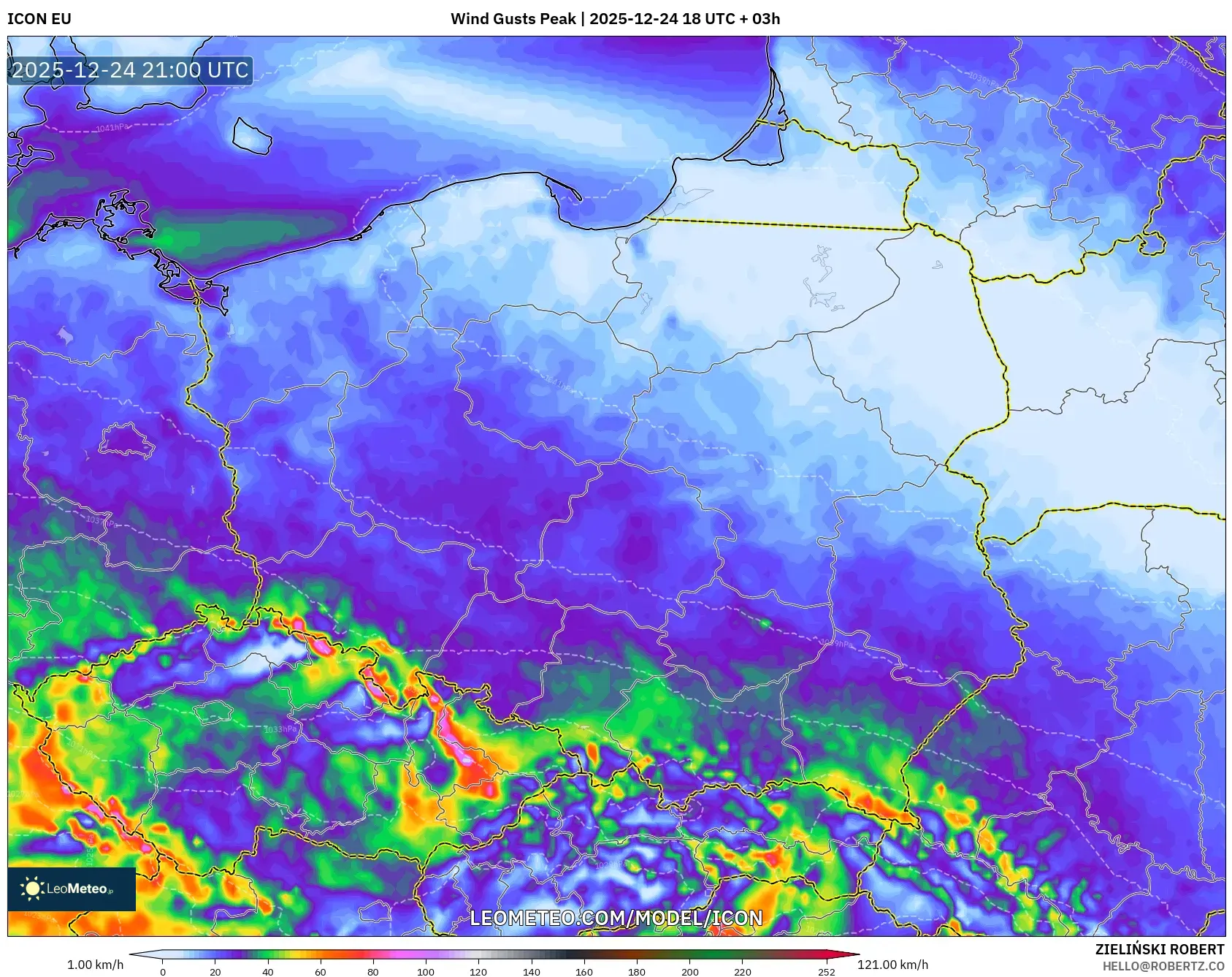 ICON model - Poland, Wind Gusts Peak