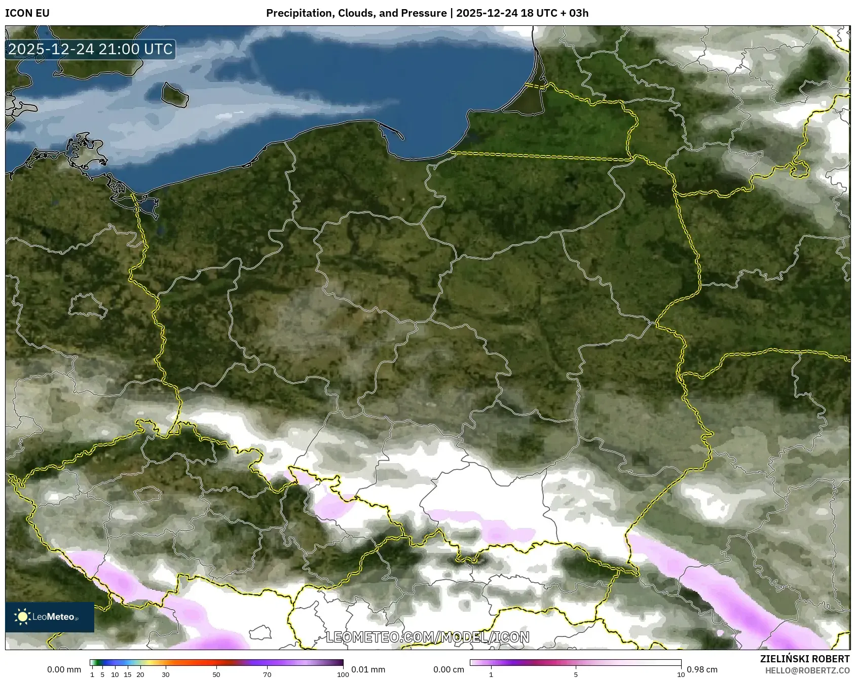 ICON model - Poland, Precipitation, Clouds, and Pressure