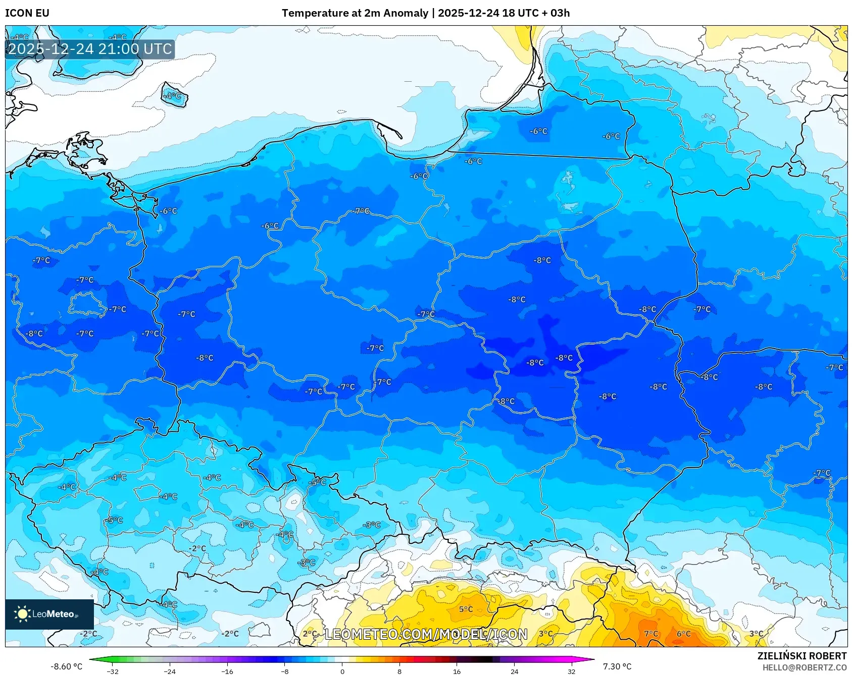 ICON model - Poland, Temperature at 2m Anomaly