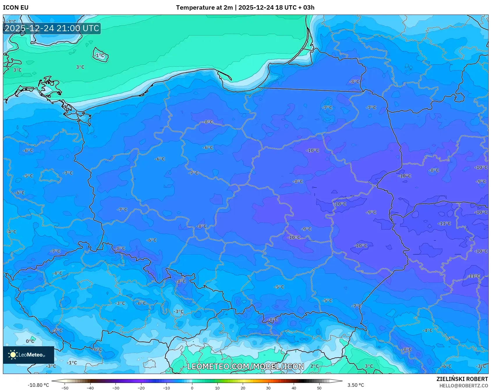 ICON model - Poland, Temperature at 2m