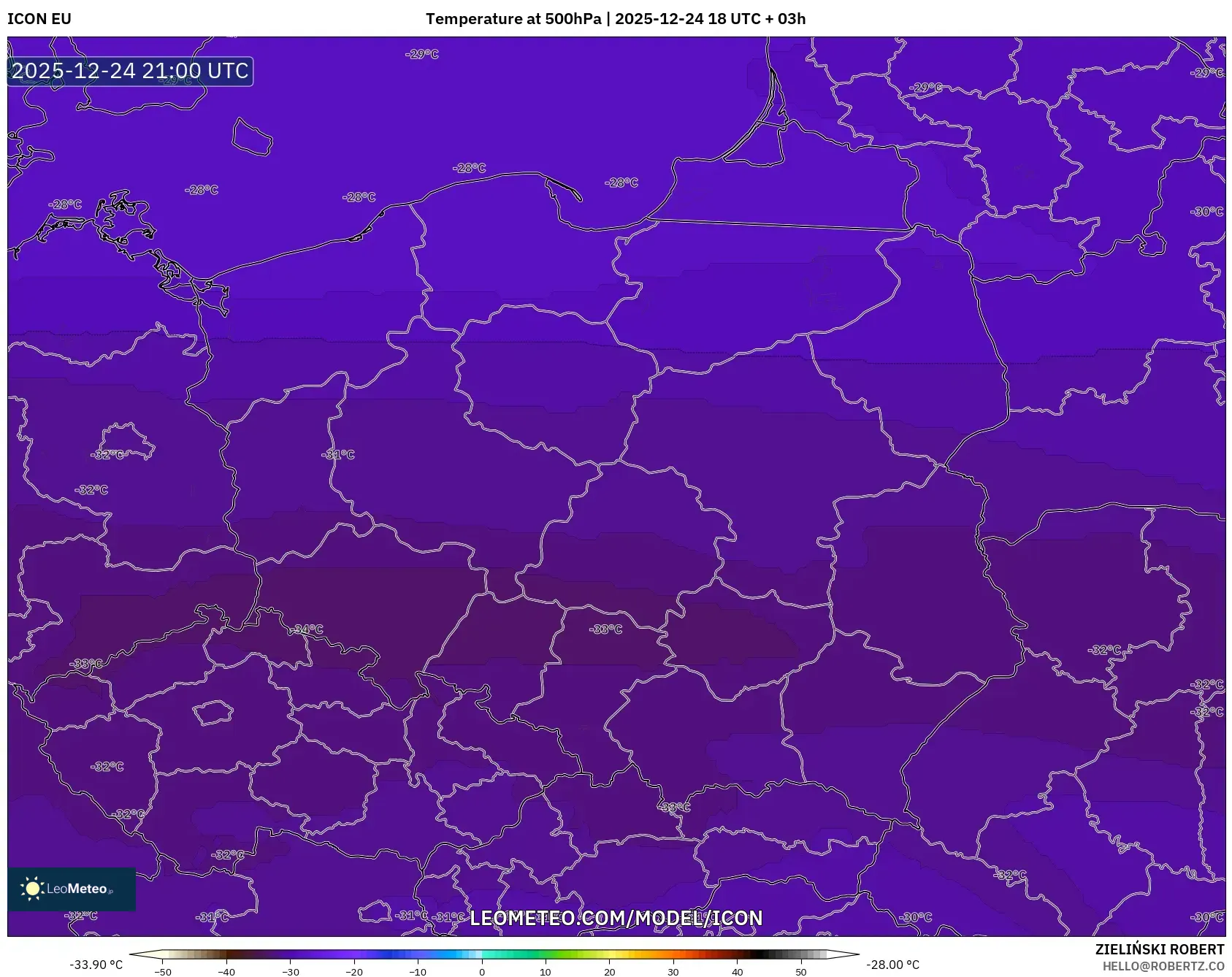 ICON model - Poland, Temperature at 500hPa