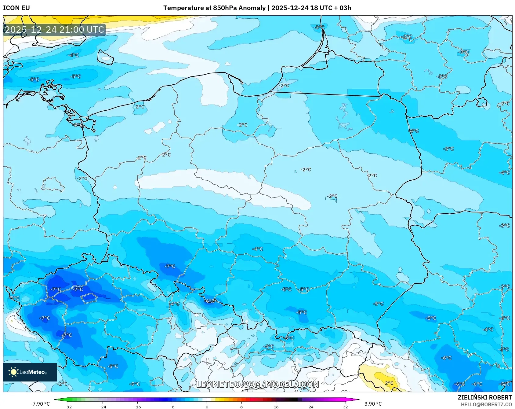 ICON model - Poland, Temperature at 850hPa Anomaly