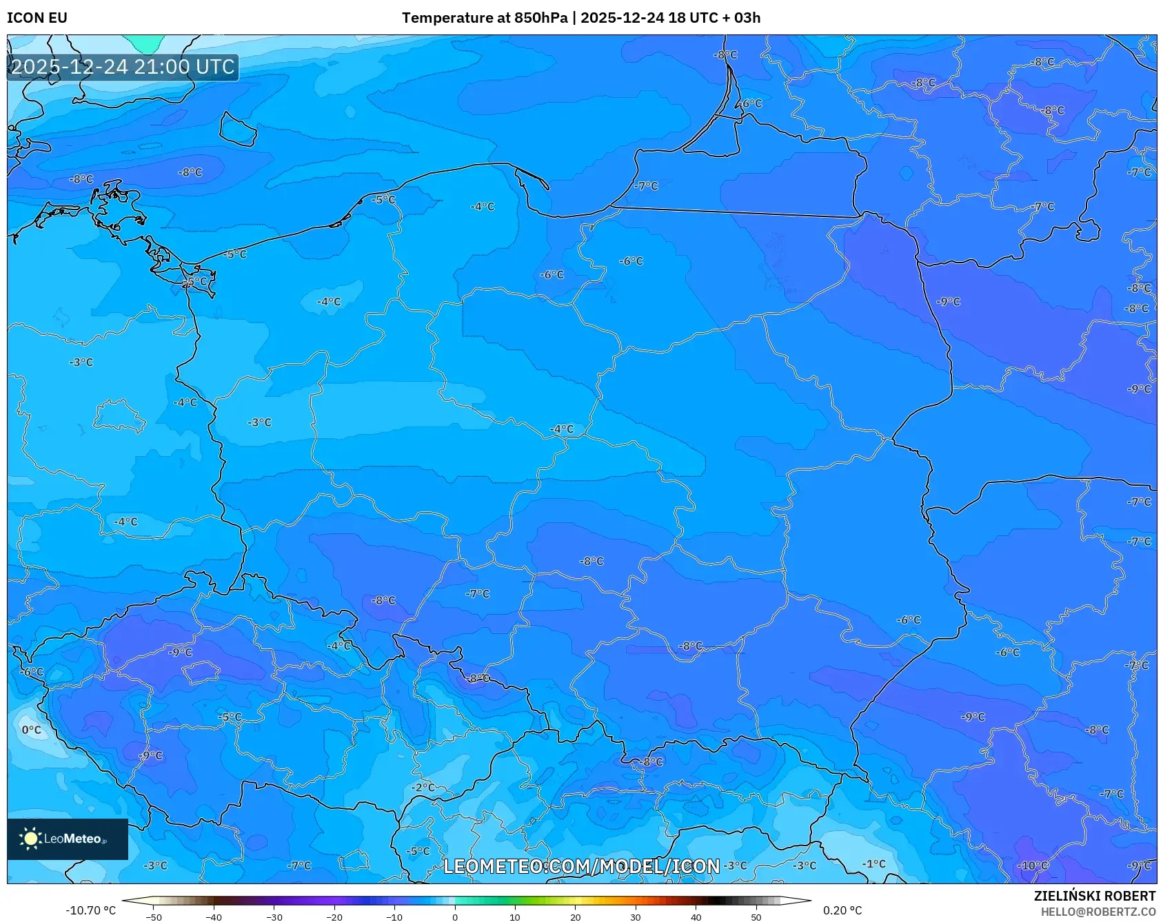 ICON model - Poland, Temperature at 850hPa