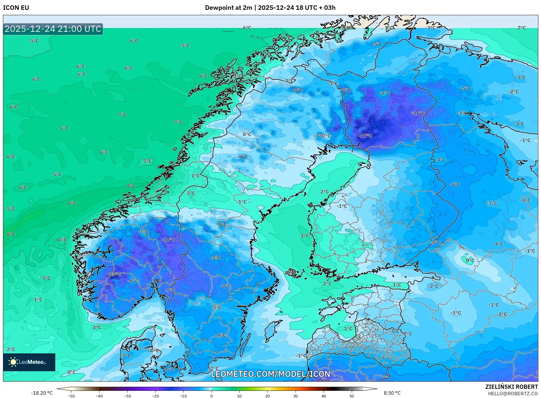 ICON model - Scandinavia, Dewpoint at 2m