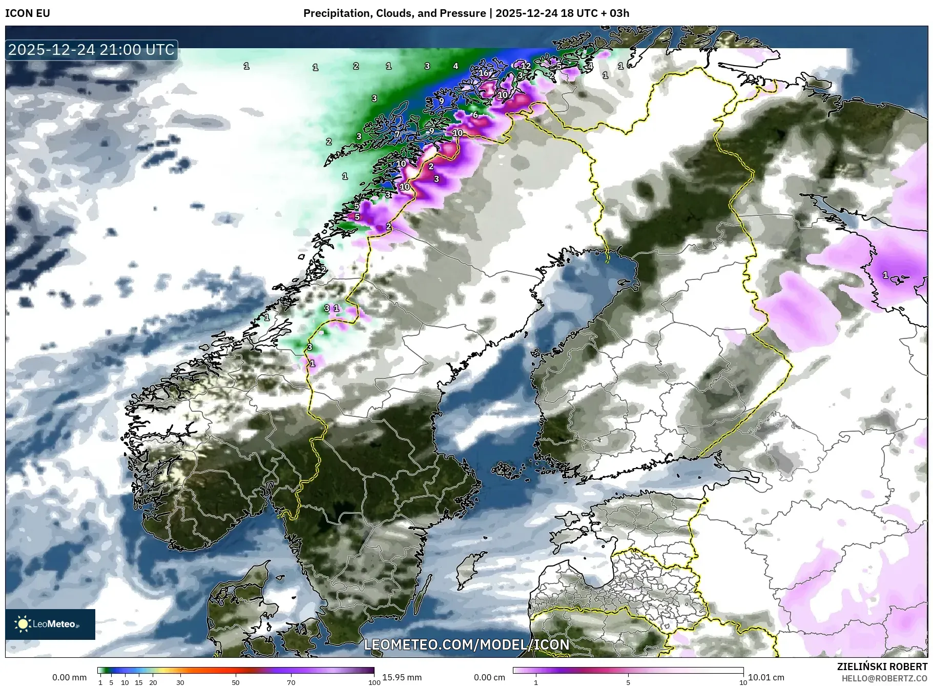 ICON model - Scandinavia, Precipitation, Clouds, and Pressure