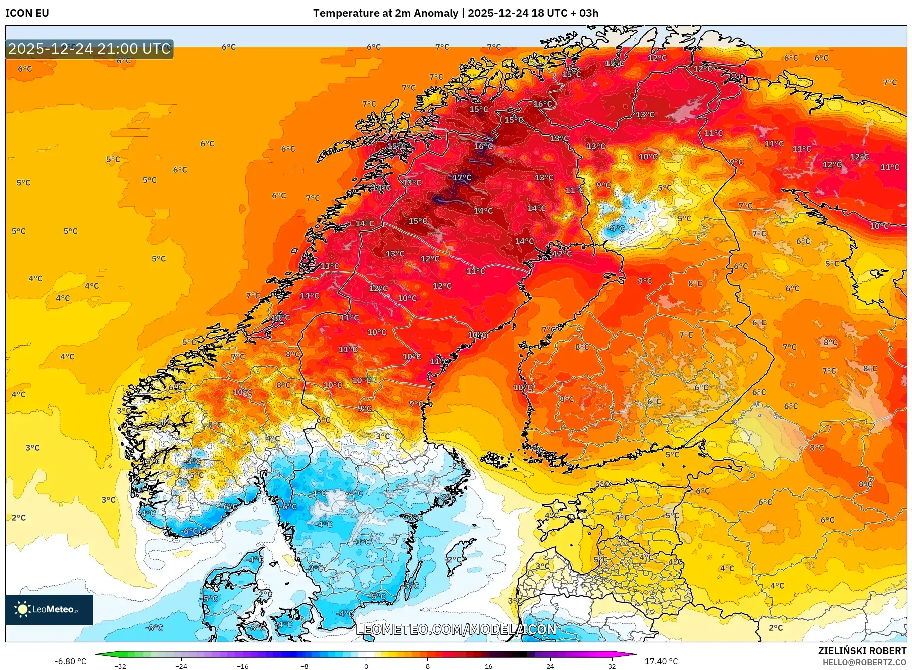 ICON model - Scandinavia, Temperature at 2m Anomaly