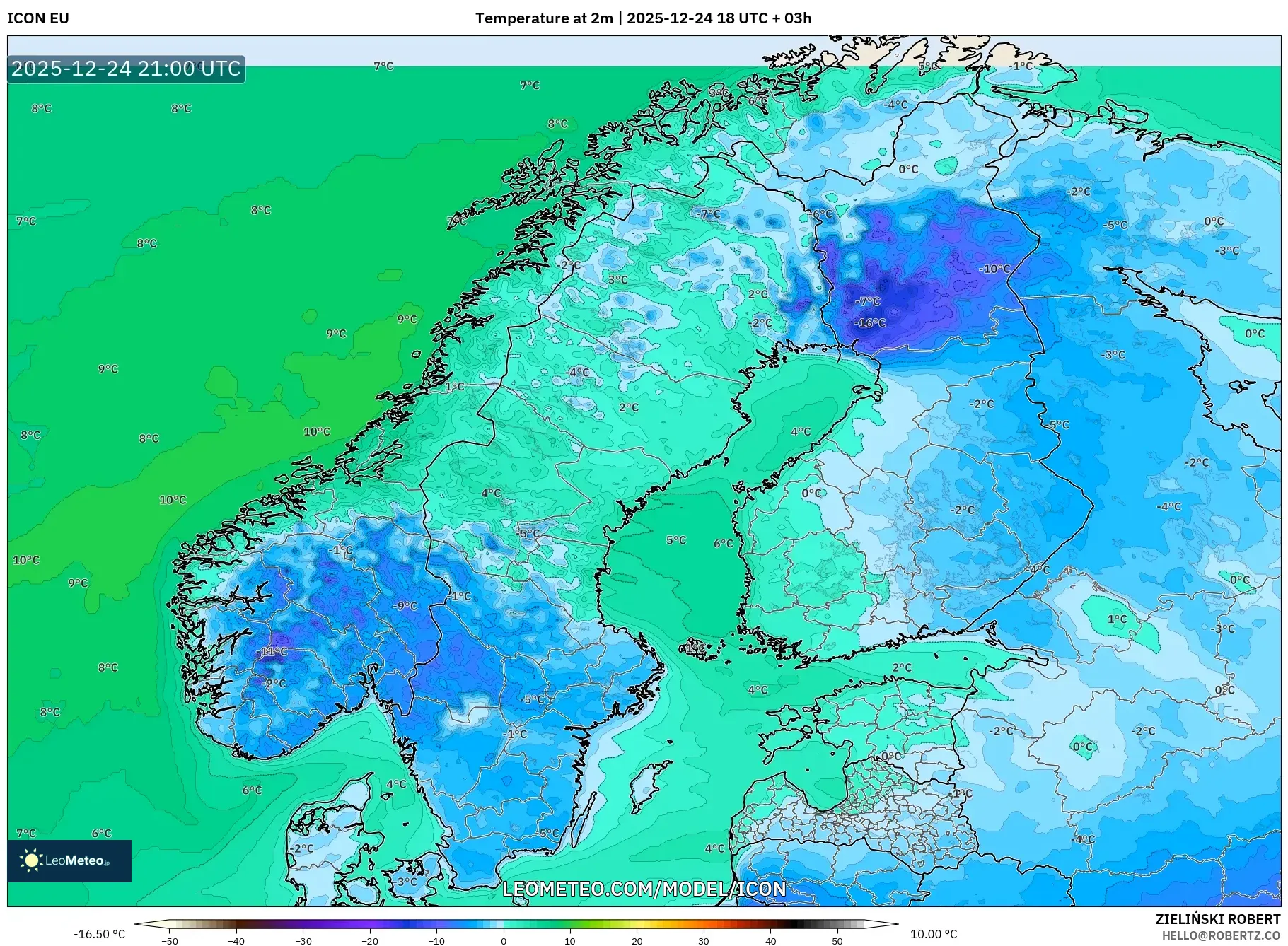 ICON model - Scandinavia, Temperature at 2m