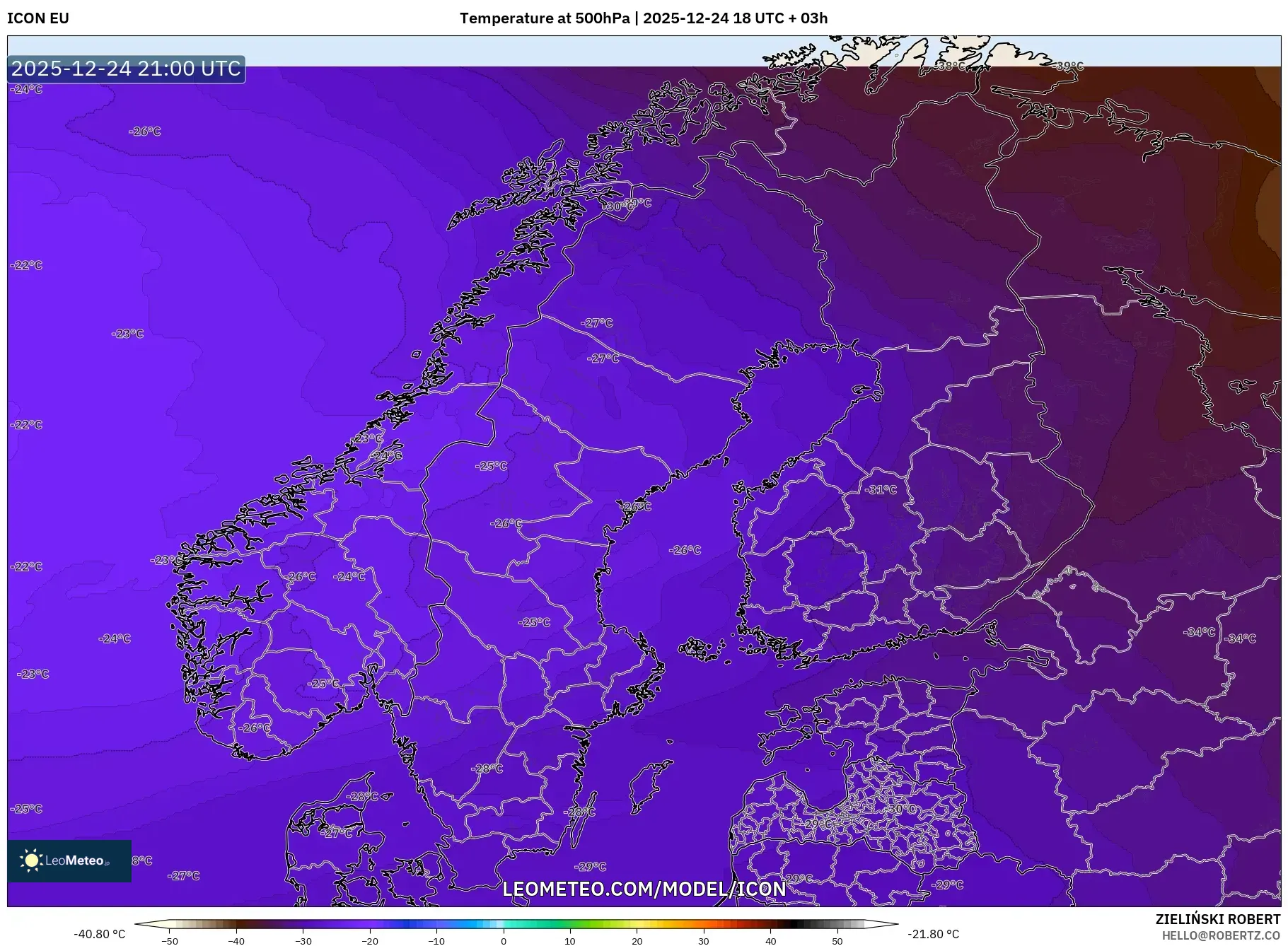 ICON model - Scandinavia, Temperature at 500hPa