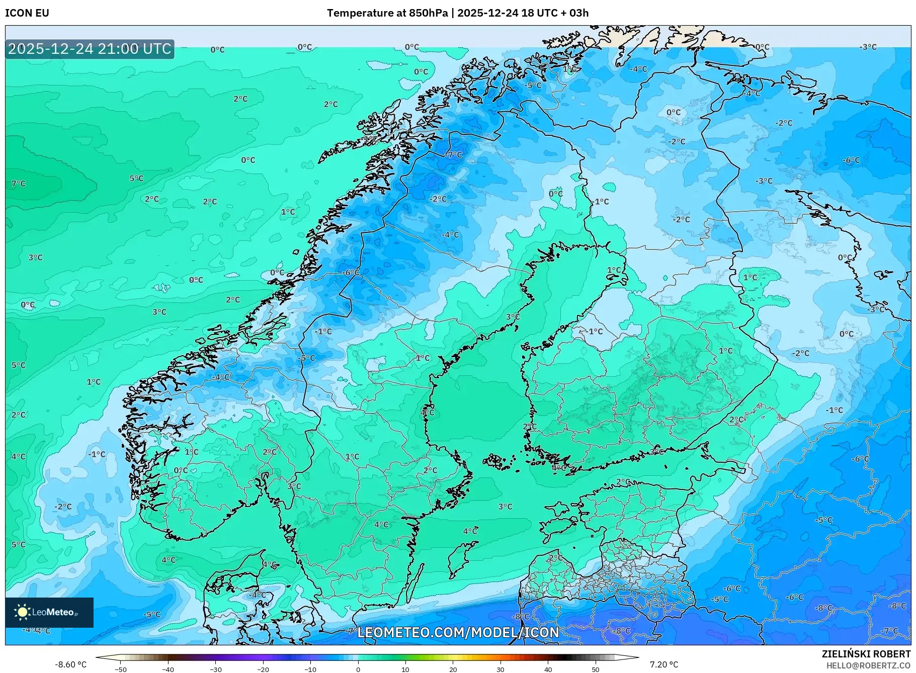 ICON model - Scandinavia, Temperature at 850hPa