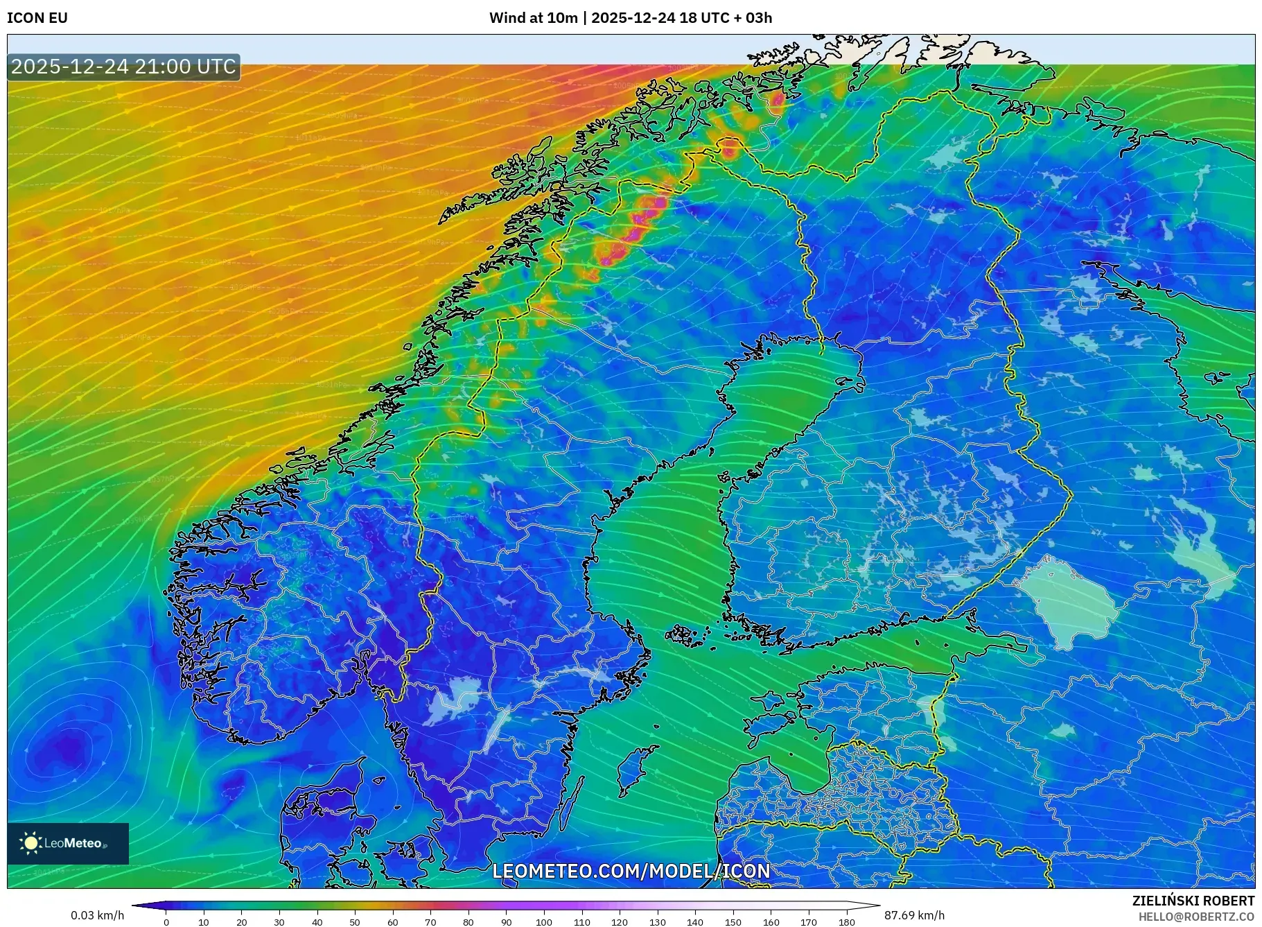ICON model - Scandinavia, Wind at 10m